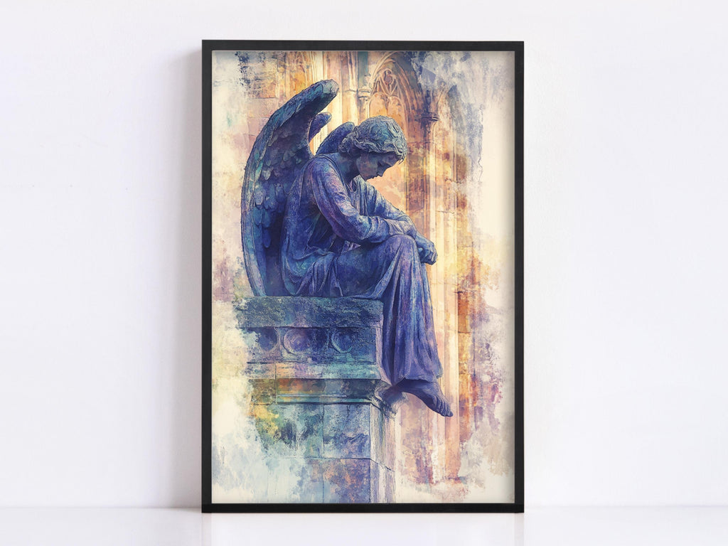 A framed painting depicting a statue of an angel sitting on a pedestal, with a pensive expression.