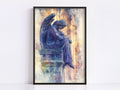 A framed painting depicting a statue of an angel sitting on a pedestal, with a pensive expression.