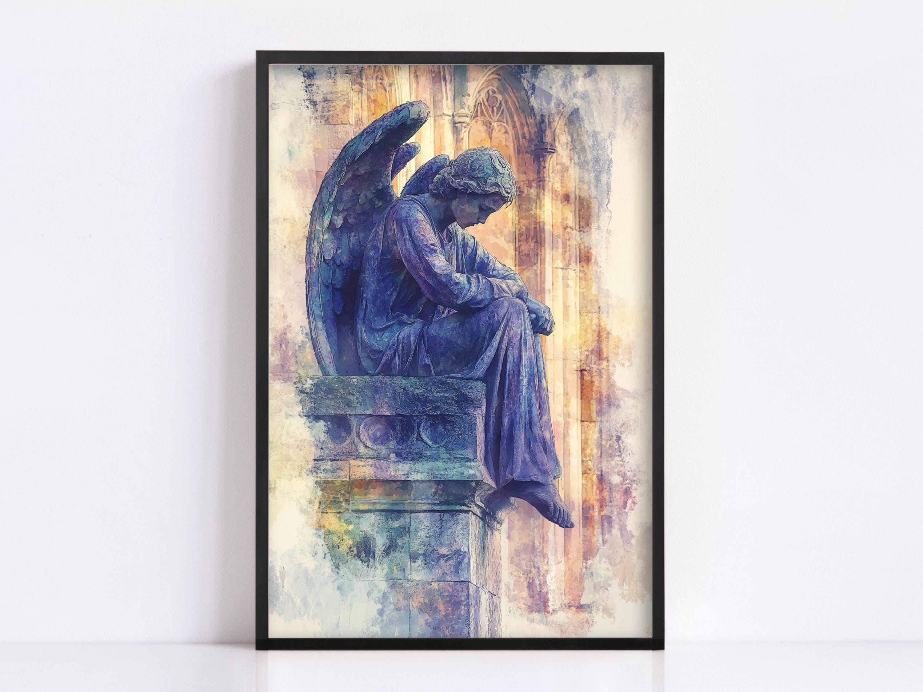 A framed painting depicting a statue of an angel sitting on a pedestal, with a pensive expression.