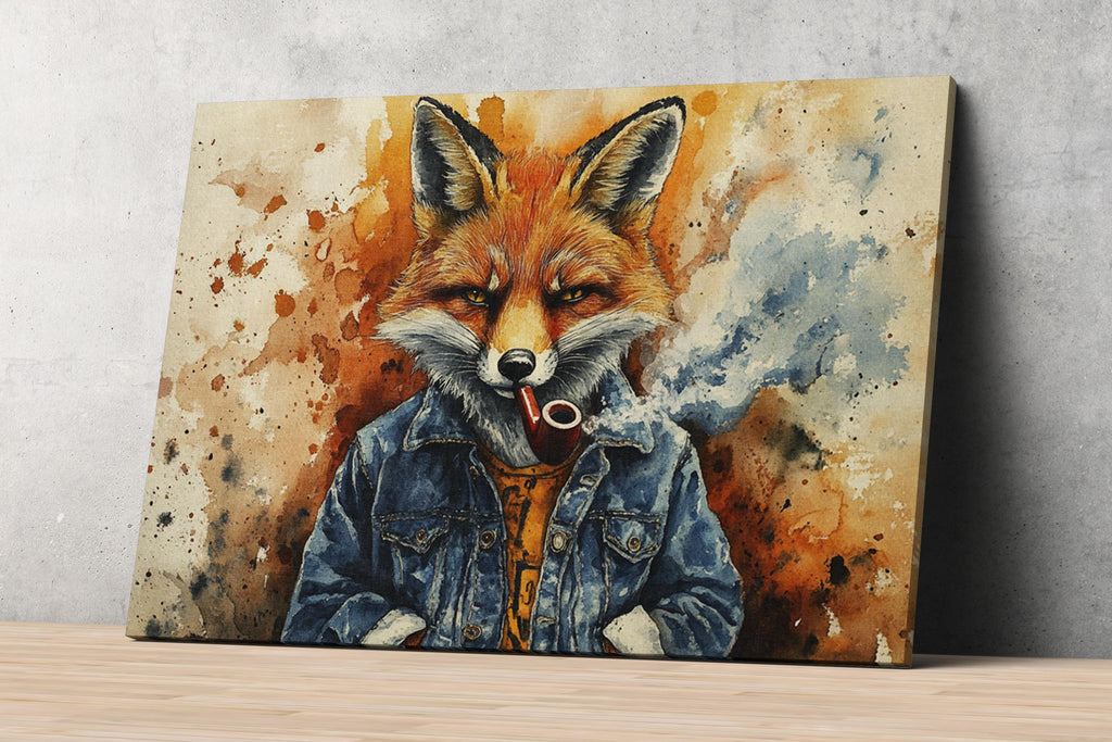 The image is a painting of a fox wearing a denim jacket and smoking a pipe.