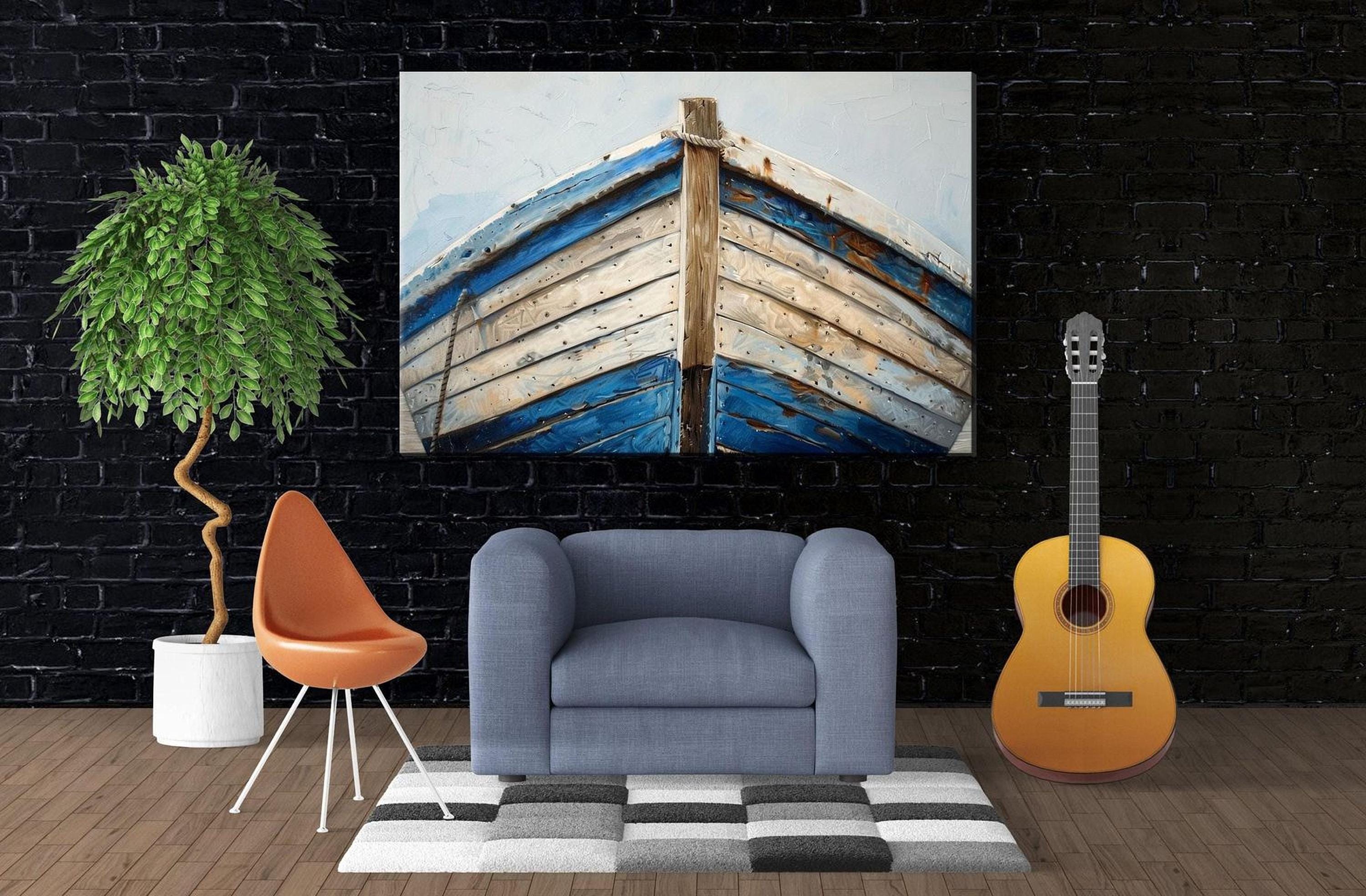 a living room with a blue armchair, a guitar, and a potted plant. The room has a black brick wall and a large painting of a boat on the wall.
