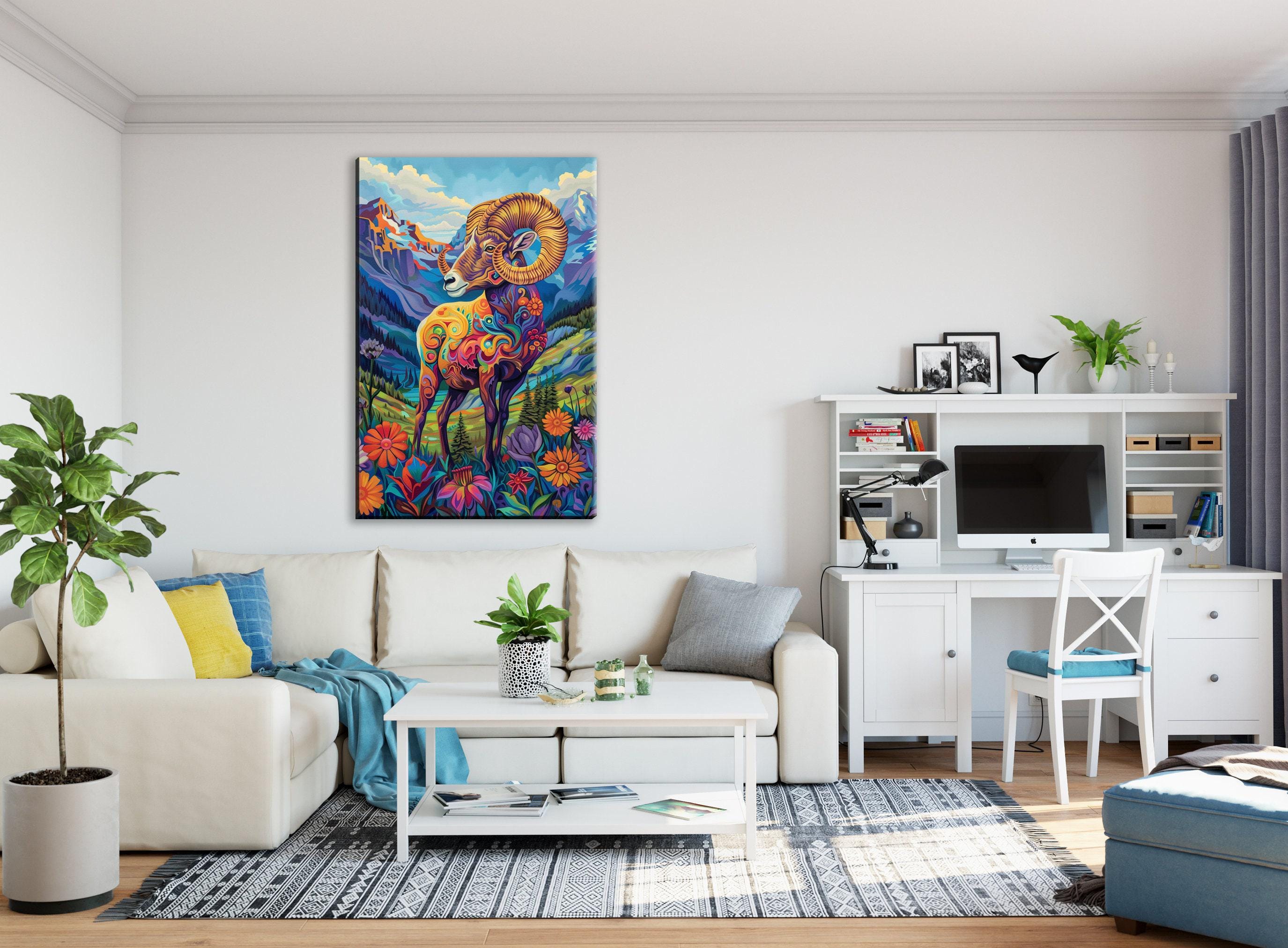 Bighorn Sheep Canvas – Vibrant Wildlife Painting on Gallery Wrapped Large Canvas Print