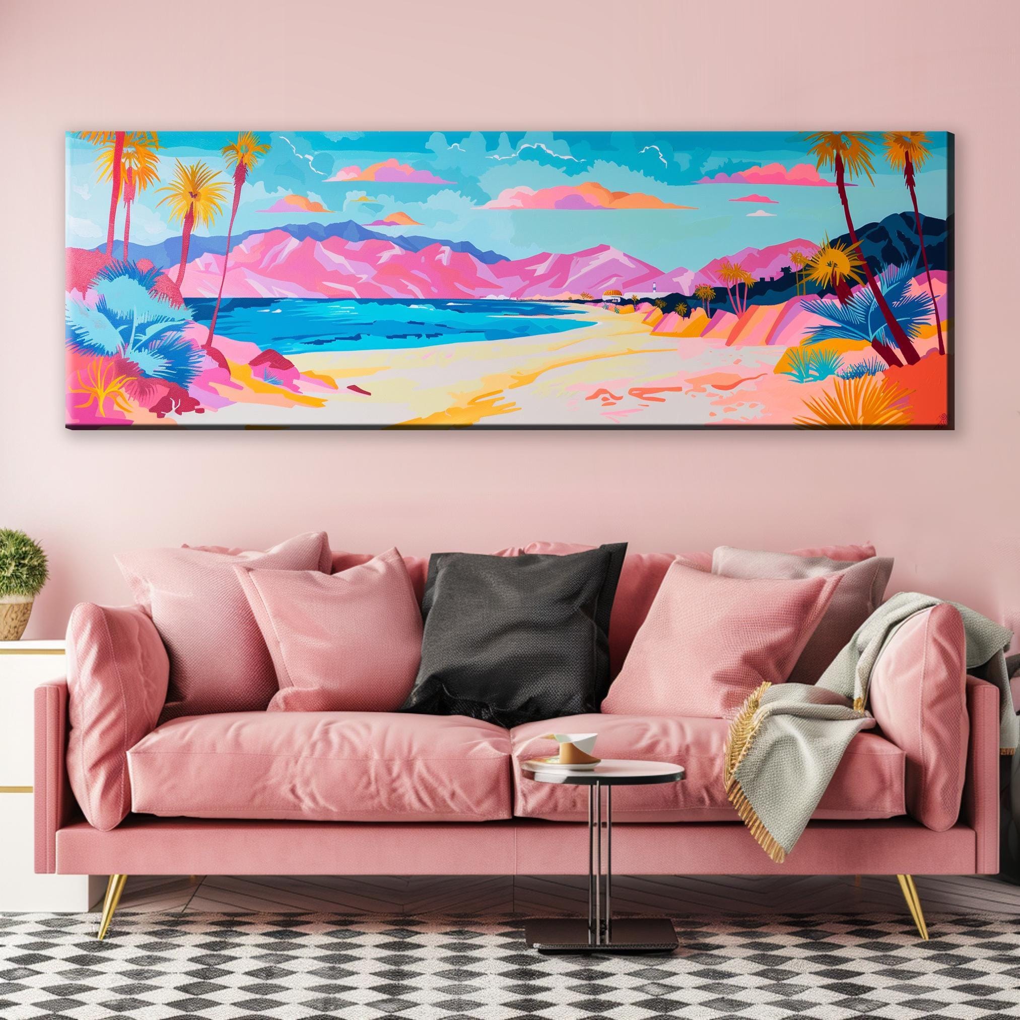 Panoramic Beach Wall Art - Oversized Canvas Art, Pink Blue Pastel Coastal Decor