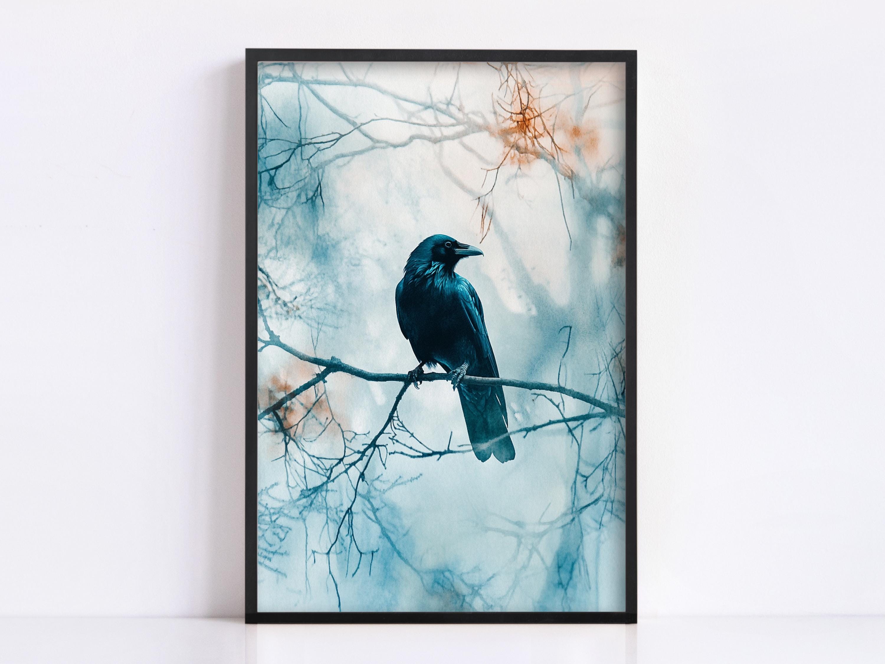 A black bird perches on a branch, facing right, with a blurred background of trees and foliage.