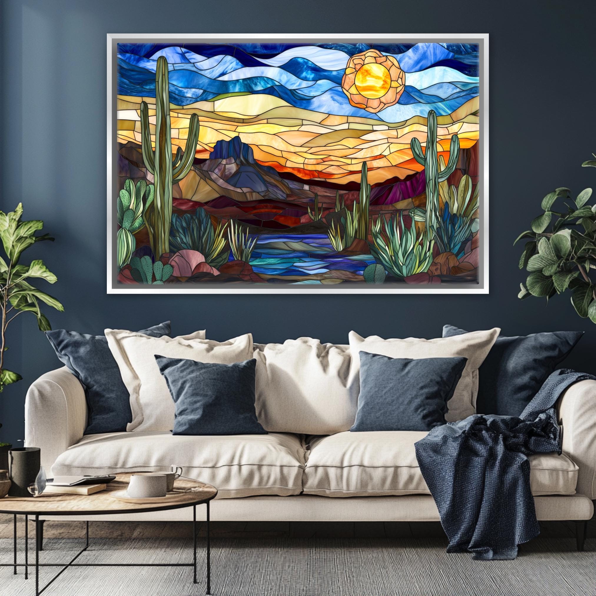 a living room with a couch and a painting on the wall