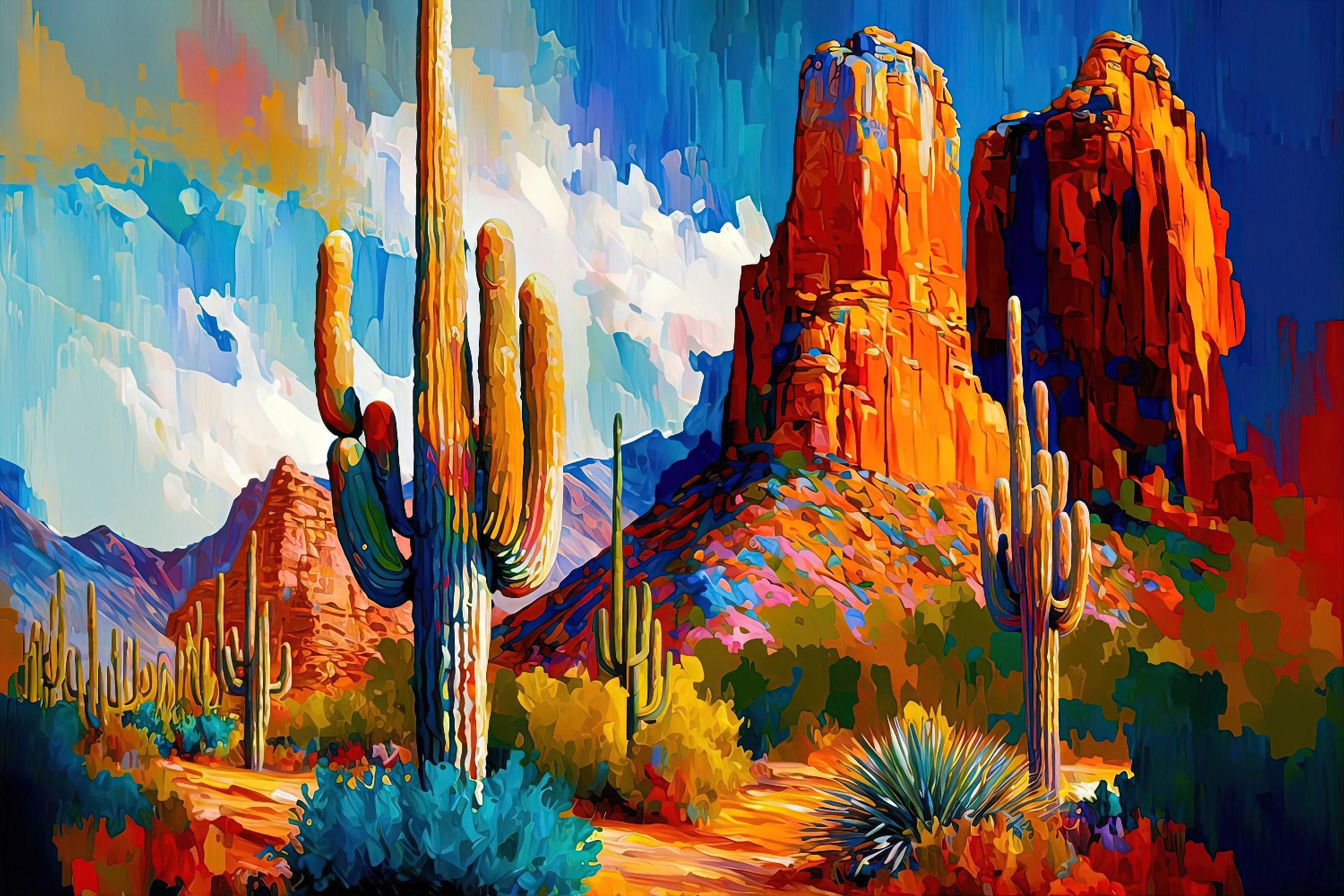A vibrant, colorful painting depicting a desert landscape with towering red rock formations, cacti, and a blue sky with clouds.
