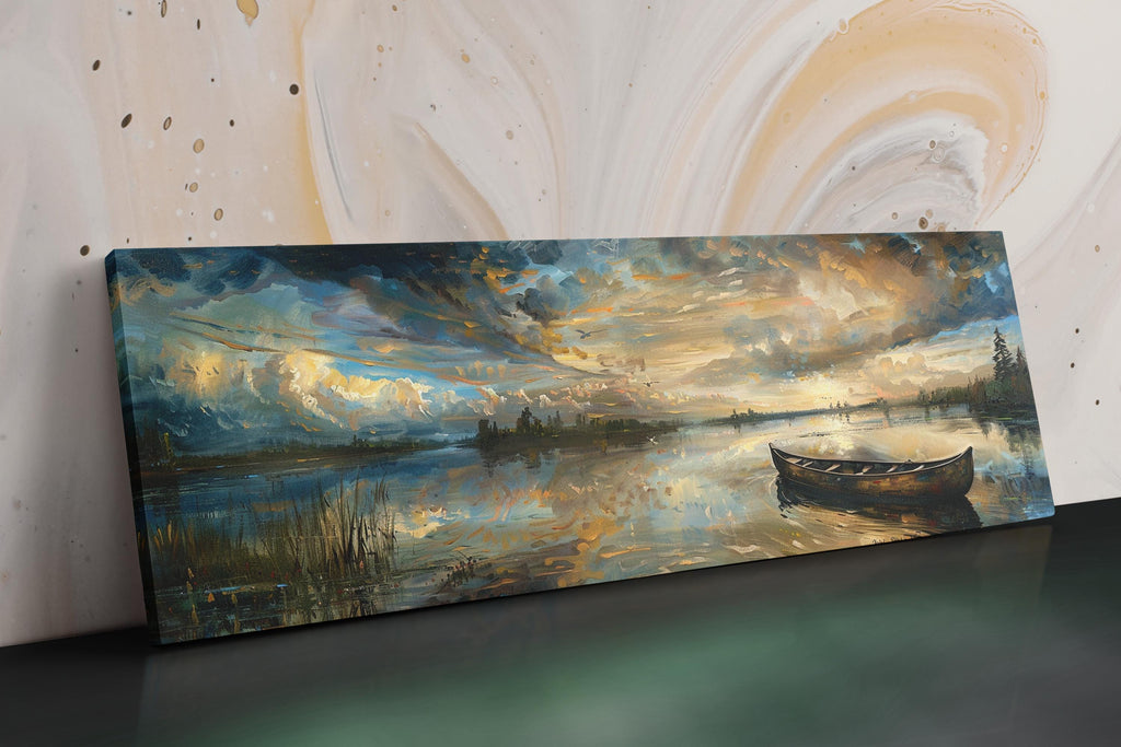 a painting of a boat on a lake