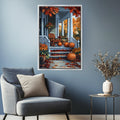 a cozy living room with a gray armchair, a small side table, and a framed painting of a porch with autumn decorations hanging on the wall.
