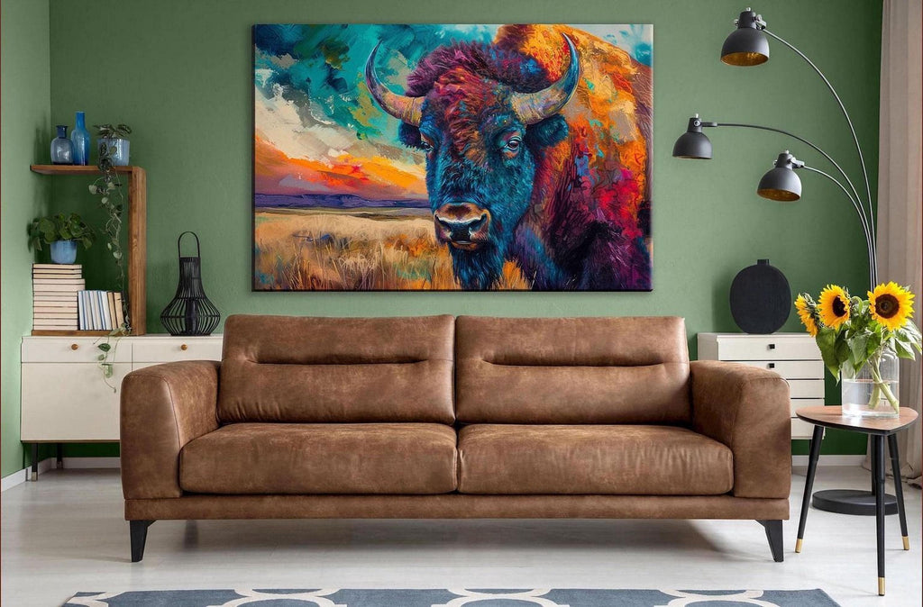 a large, colorful painting of a buffalo on the wall of a living room. The buffalo has a vibrant mix of orange, yellow, and blue colors, and its horns are prominently displayed. The painting is the focal point of the room, which also includes a brown leather couch, a side table with a vase of flowers, and a floor lamp.