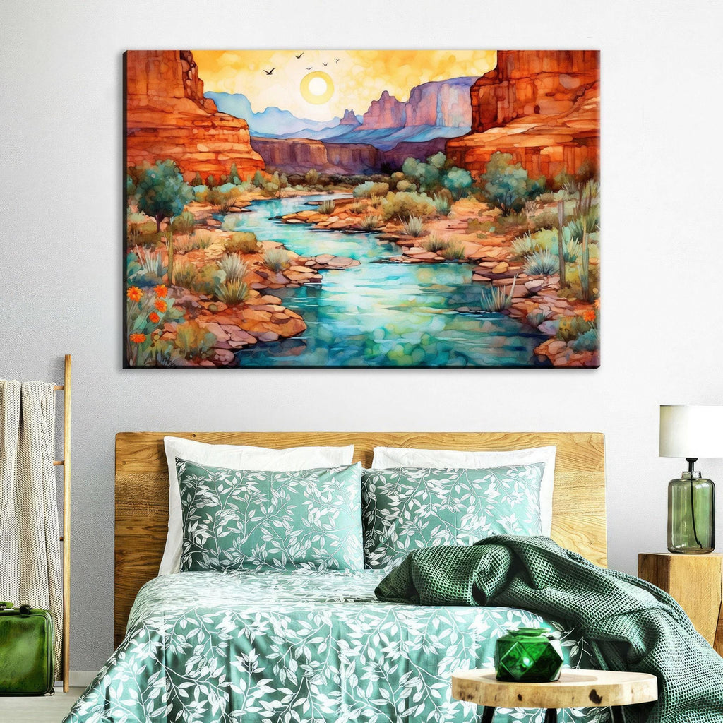 a serene bedroom scene with a large watercolor painting of a desert landscape hanging on the wall above a bed with a green and white floral bedspread.