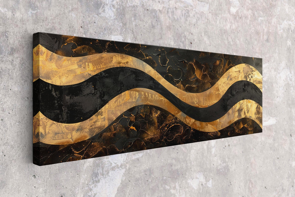 a black and gold abstract painting on a wall