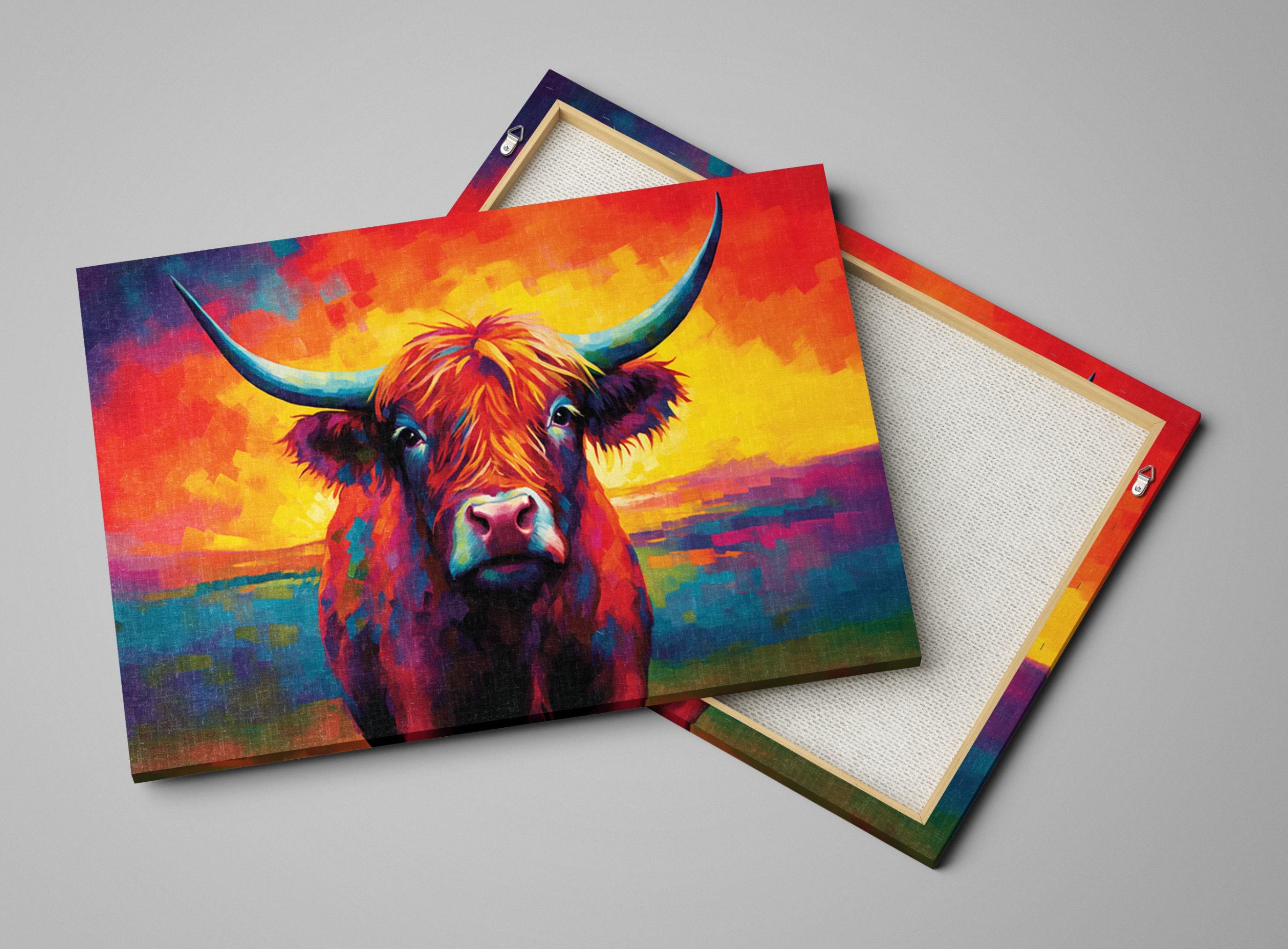 Highland Cow Art – Colorful Animal Canvas | Rustic Farmhouse Wall Decor, Extra Large Gallery Wrapped Canvas