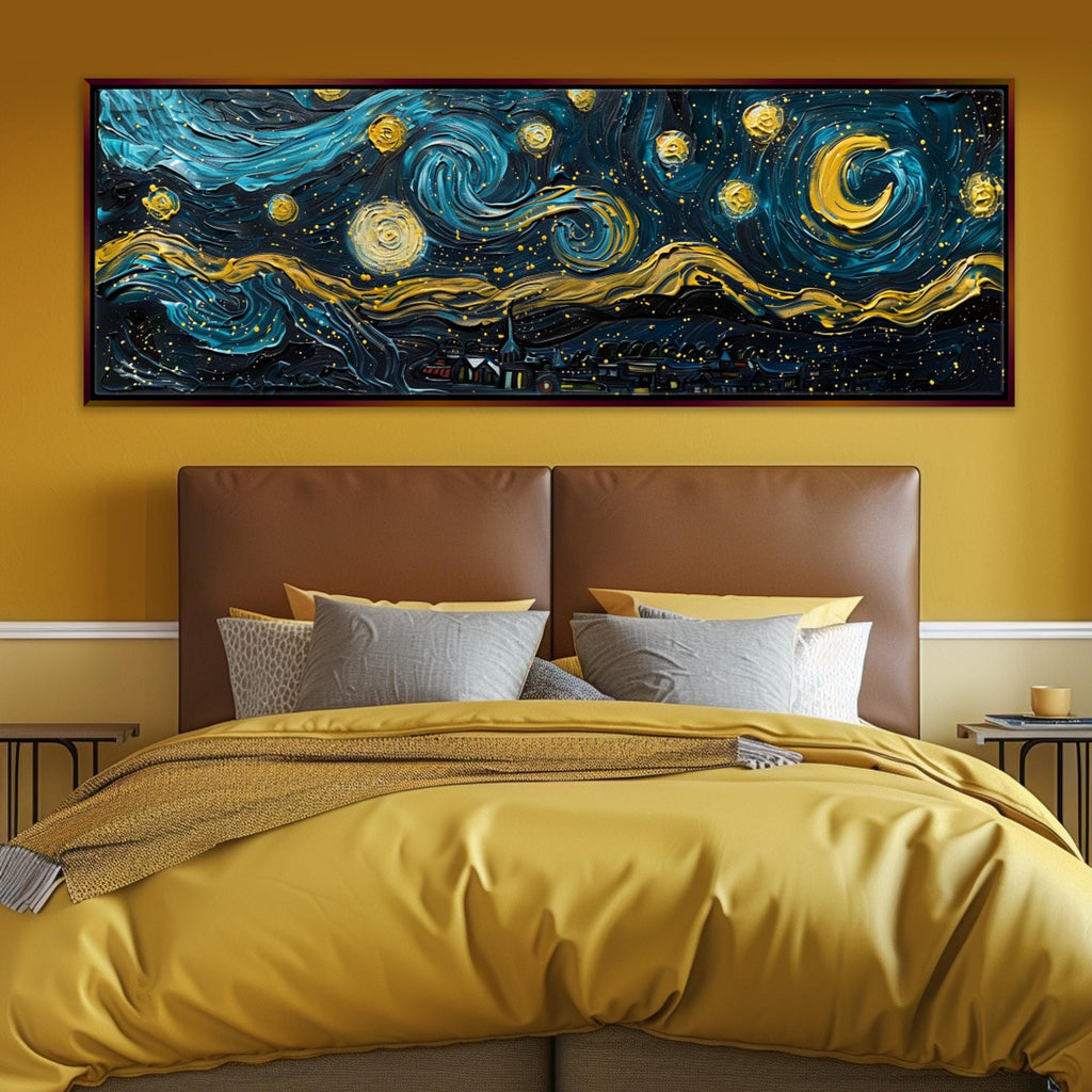 a bed with a yellow comforter and a painting on the wall