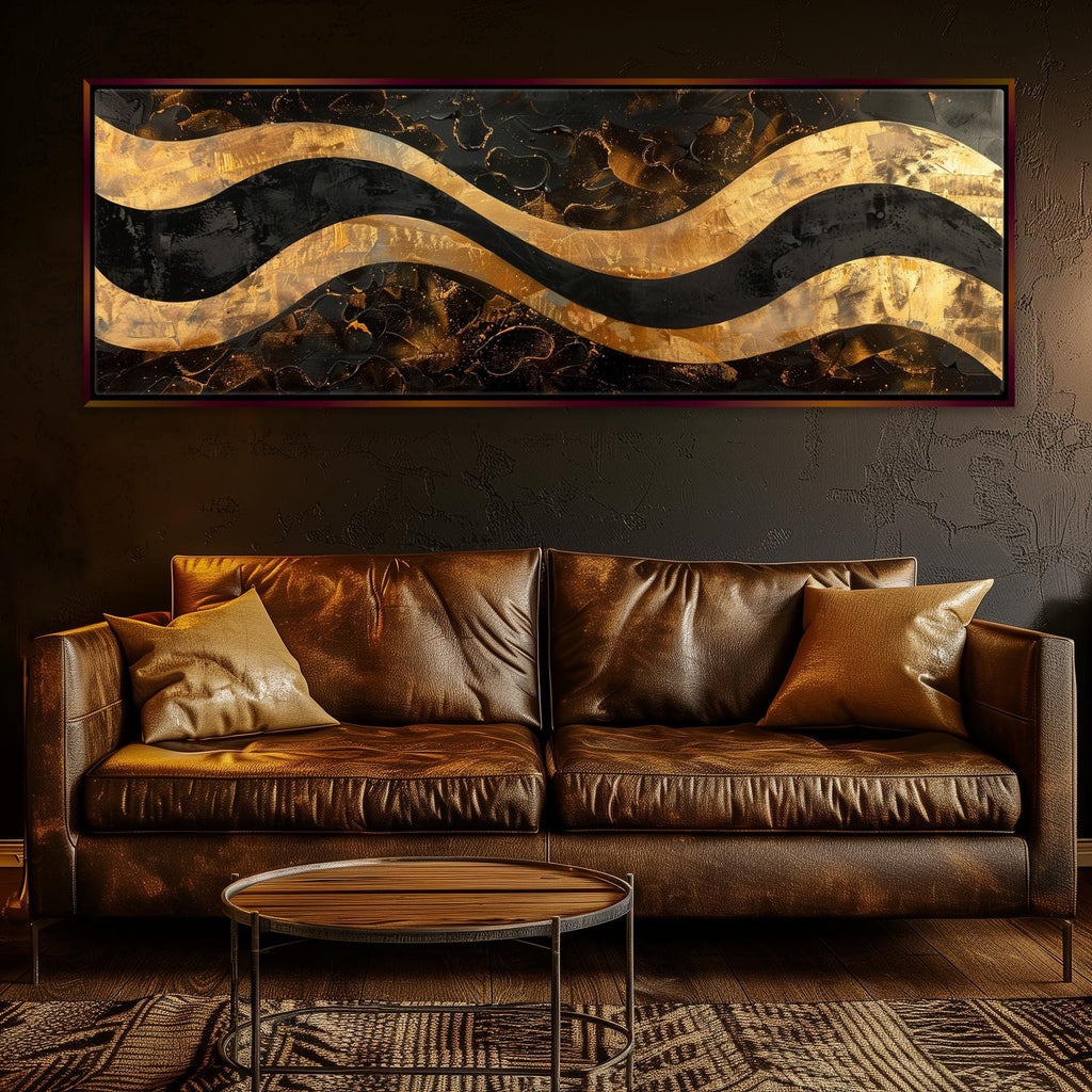 a living room with a couch and a painting on the wall