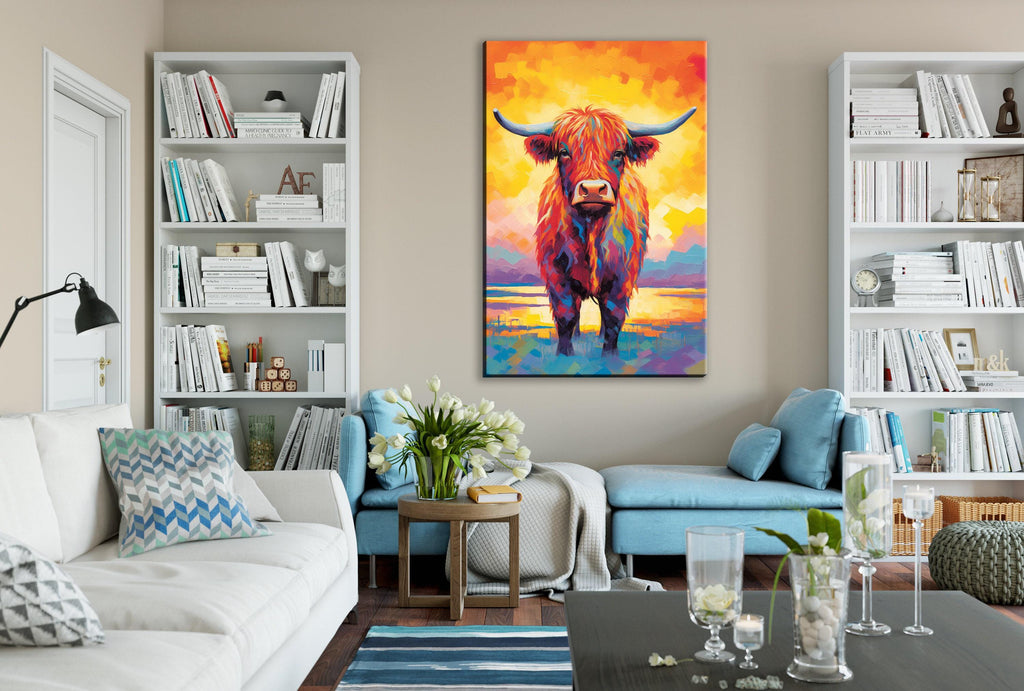 Highland Cow Canvas – Rustic Farmhouse Wall Art, Large Colorful Cow Painting
