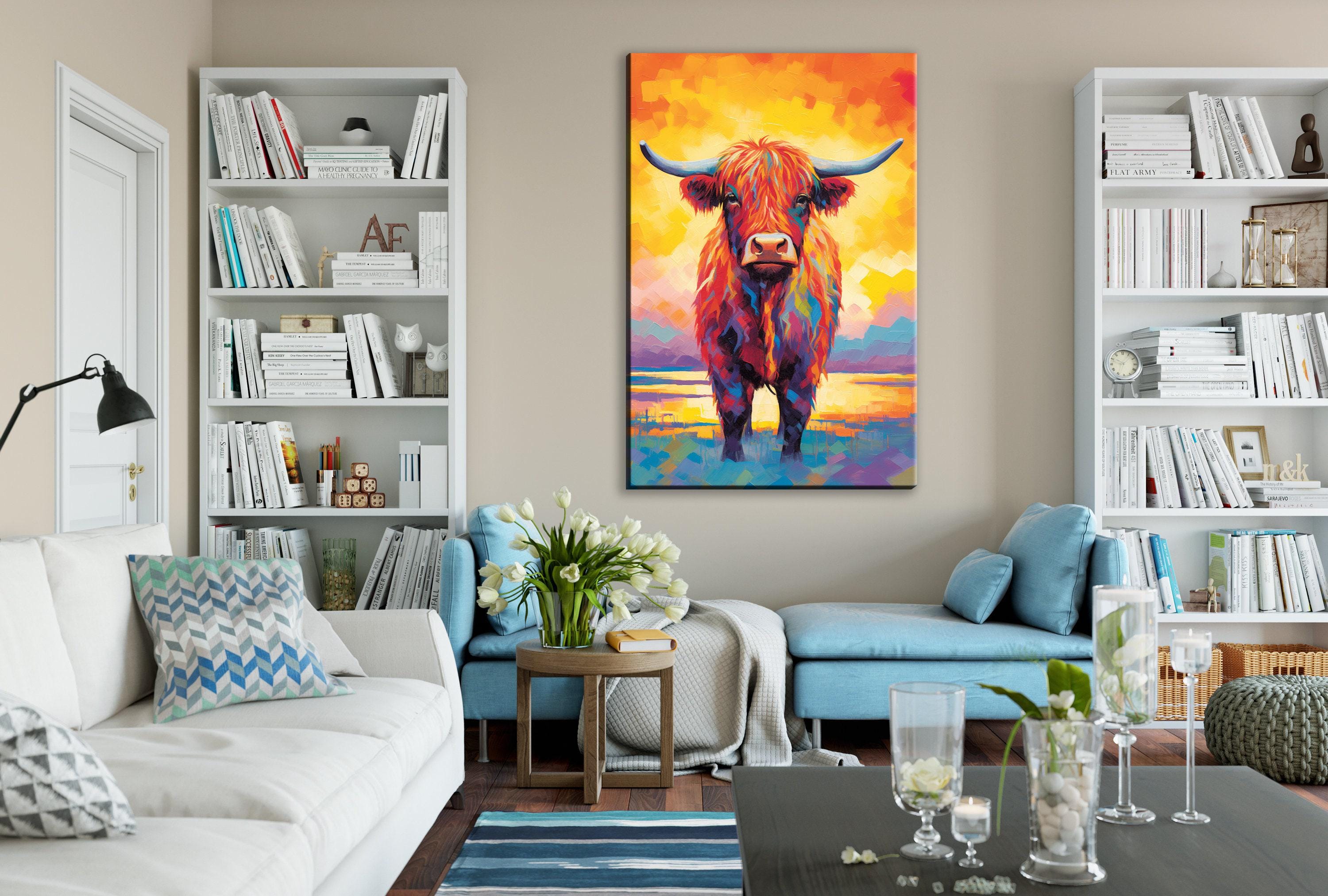 Highland Cow Canvas – Rustic Farmhouse Wall Art, Large Colorful Cow Painting