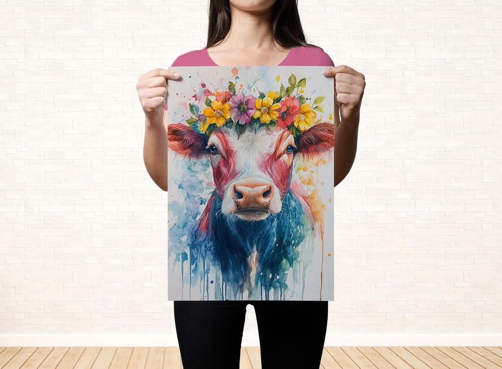 A woman holds up a colorful painting of a cow with a flower crown on its head.