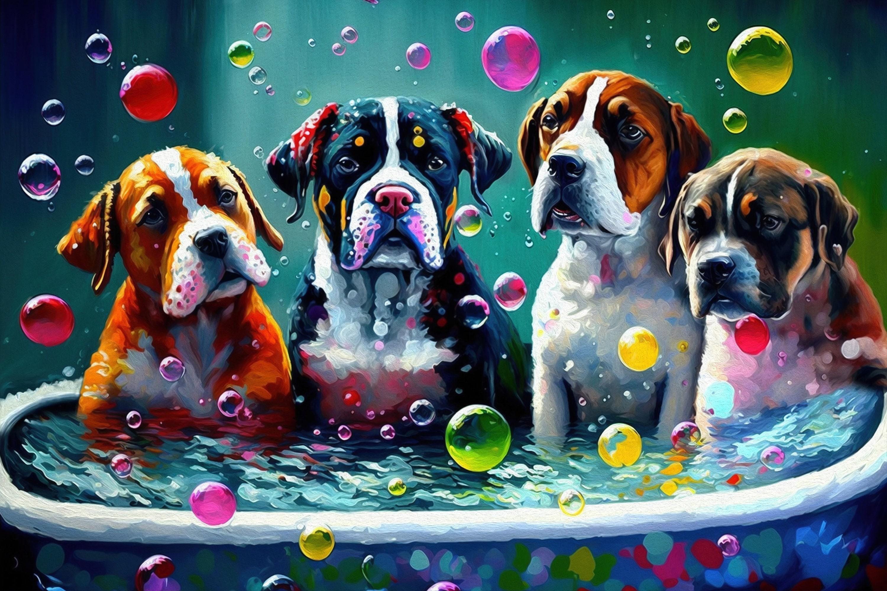 Dog Bath Canvas – Vibrant Colorful Dogs Playing Art on Gallery Ready Canvas