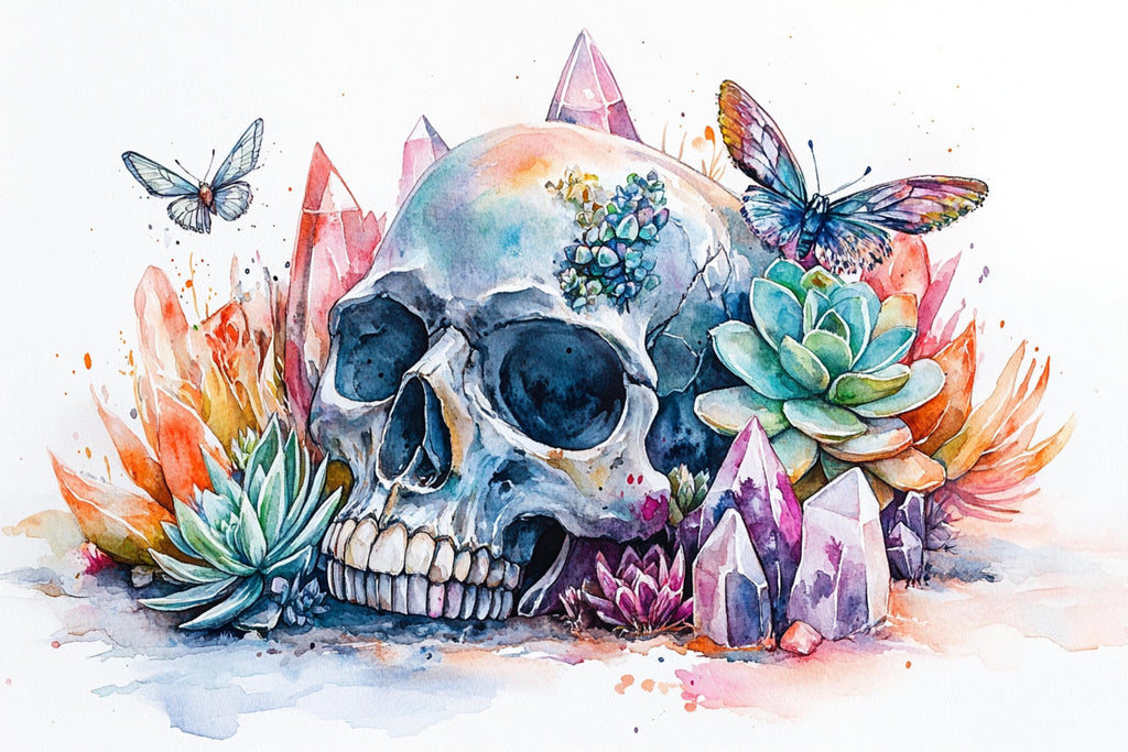 A watercolor painting depicting a skull surrounded by colorful flowers, butterflies, and crystals.