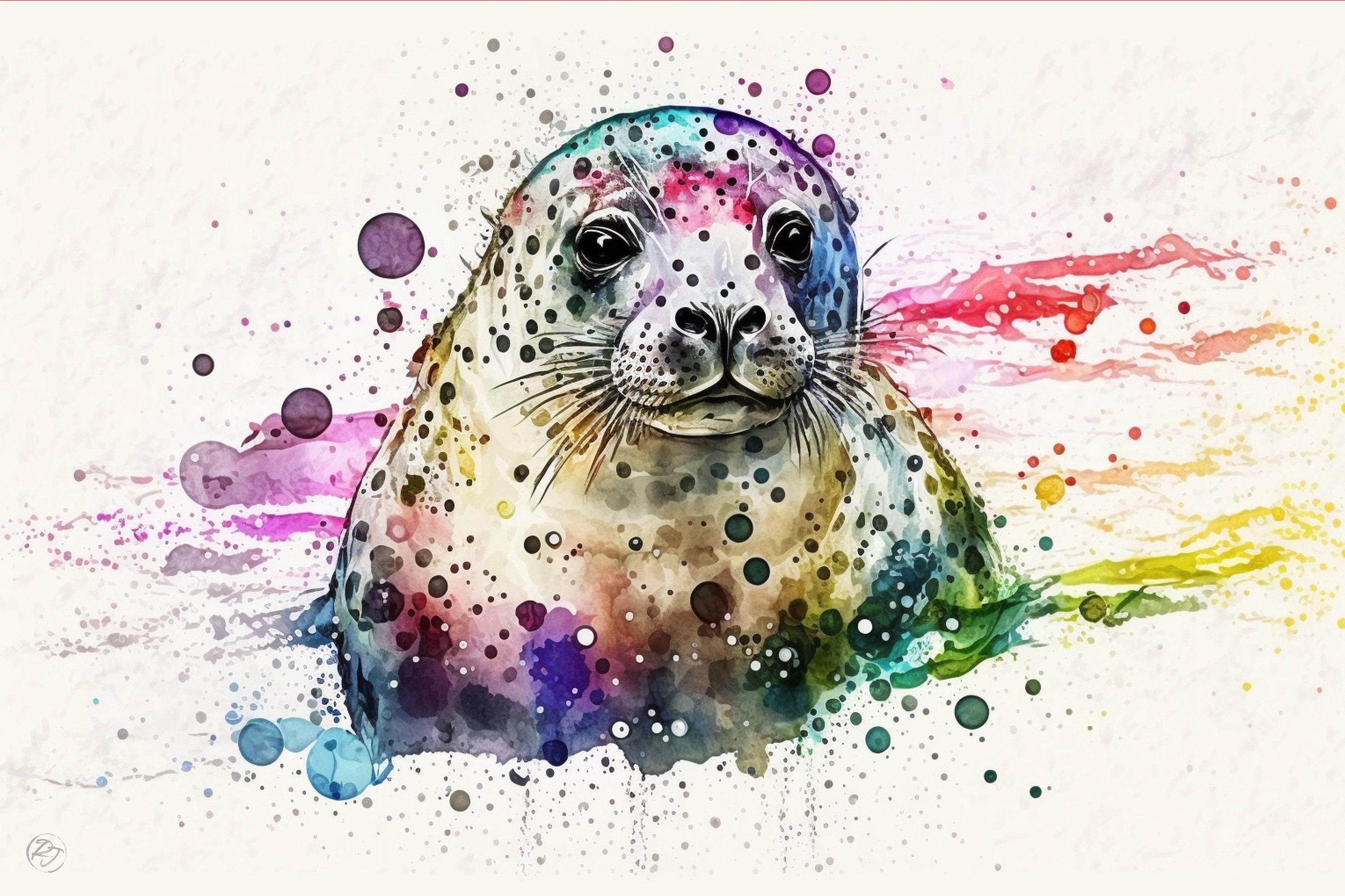 Marine Serenity: Seal Watercolor Painting, Giclee Print on Canvas, Artist Paper, Watercolor Paper, Available in Extra Large Sizes