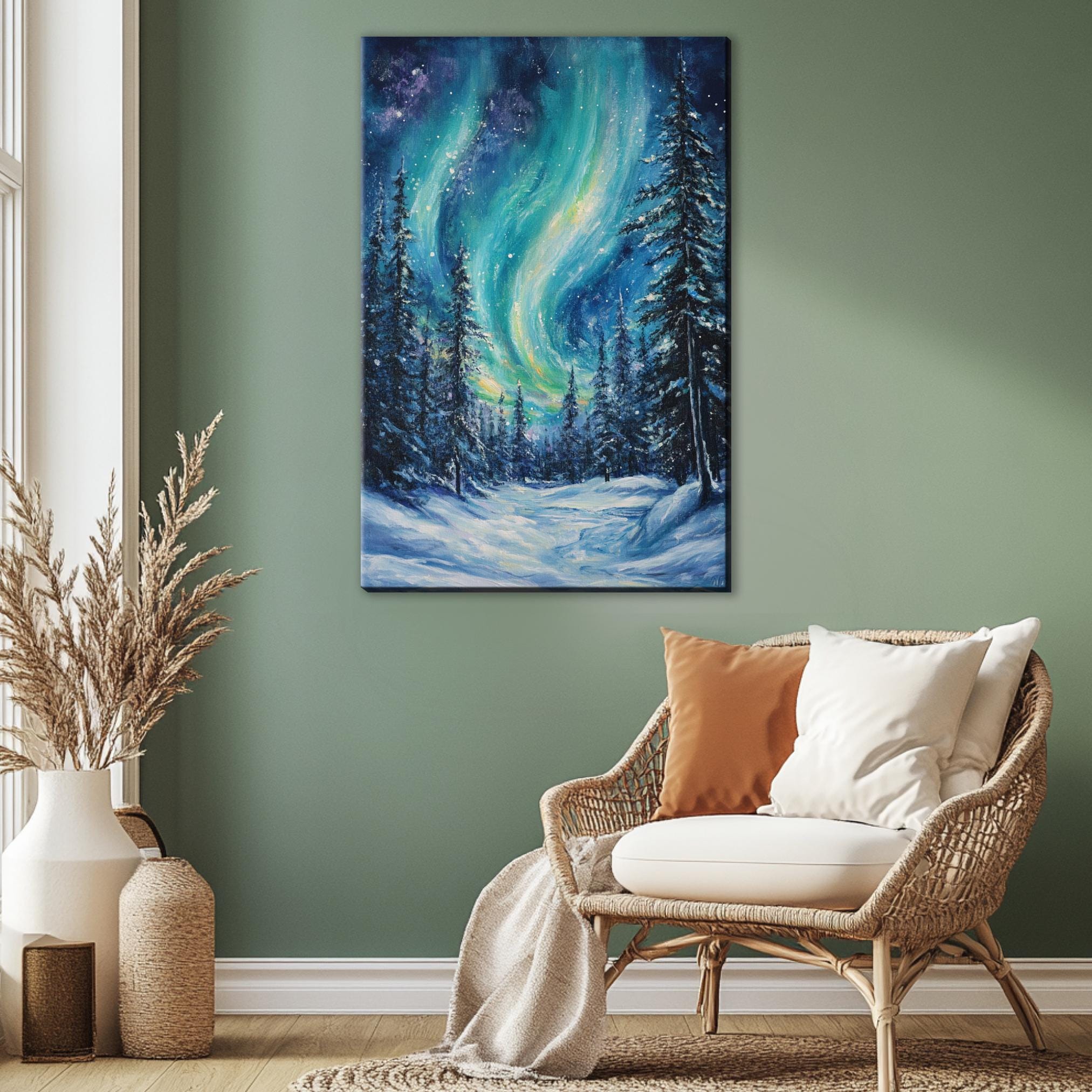 a painting on a wall of a snowy forest