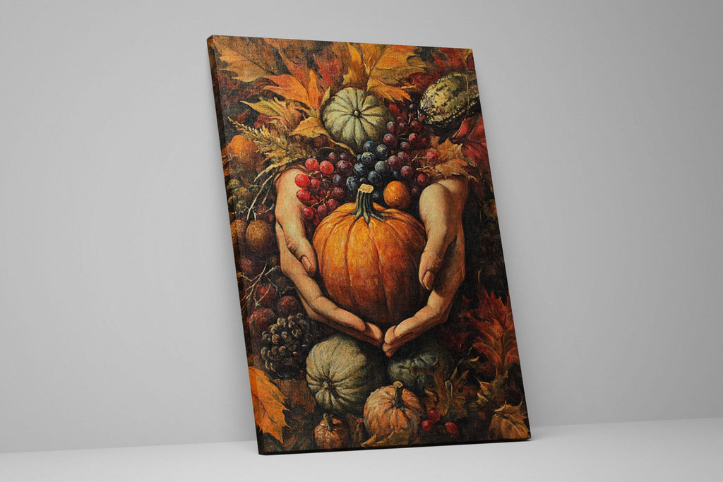 A painting depicting a pair of hands holding a large orange pumpkin, surrounded by various autumn fruits and leaves.