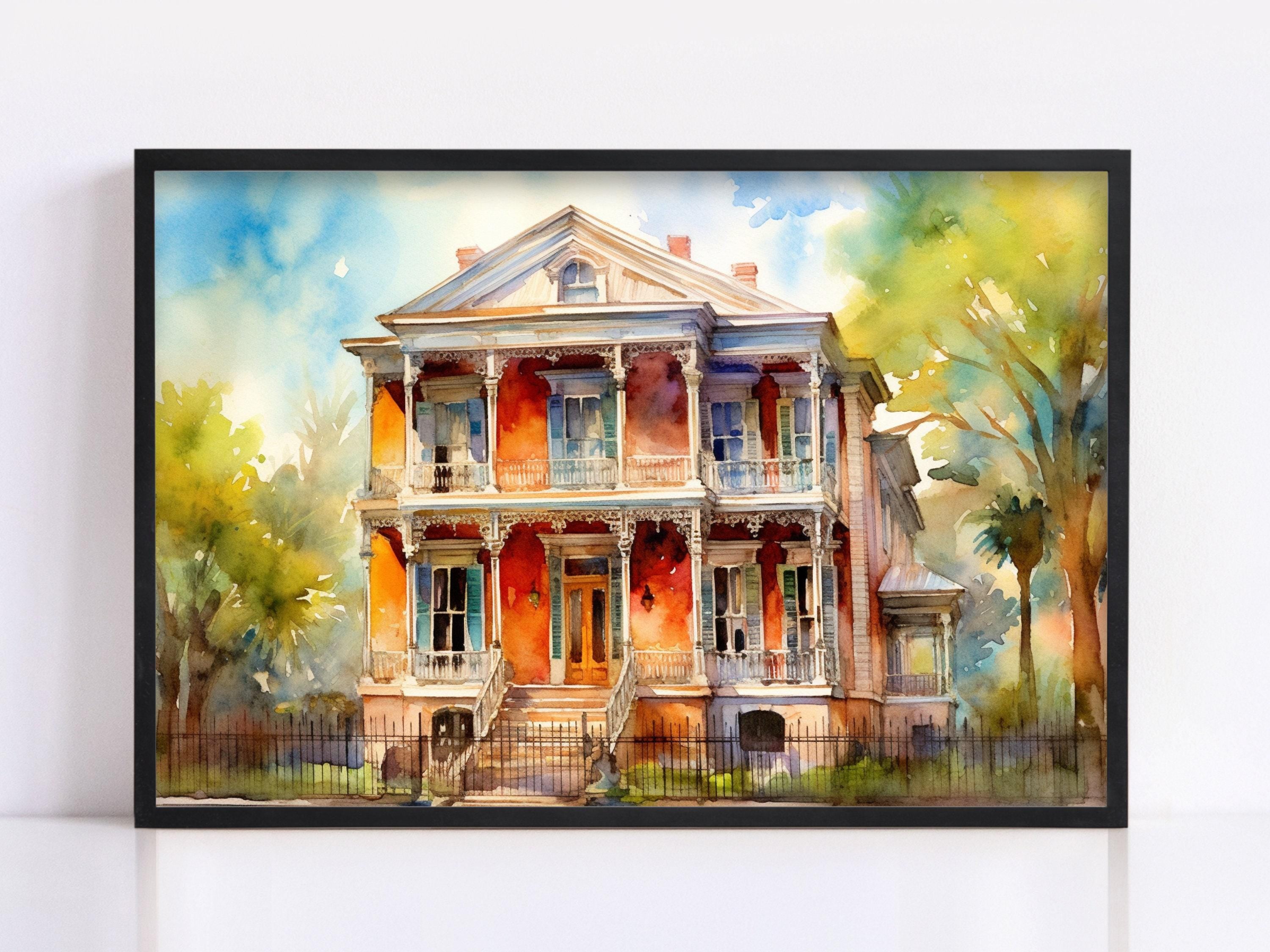 Charming New Orleans Home Watercolor Print – Giclee Print on Canvas, Artist Paper, Watercolor Paper, Available in Extra Large Sizes
