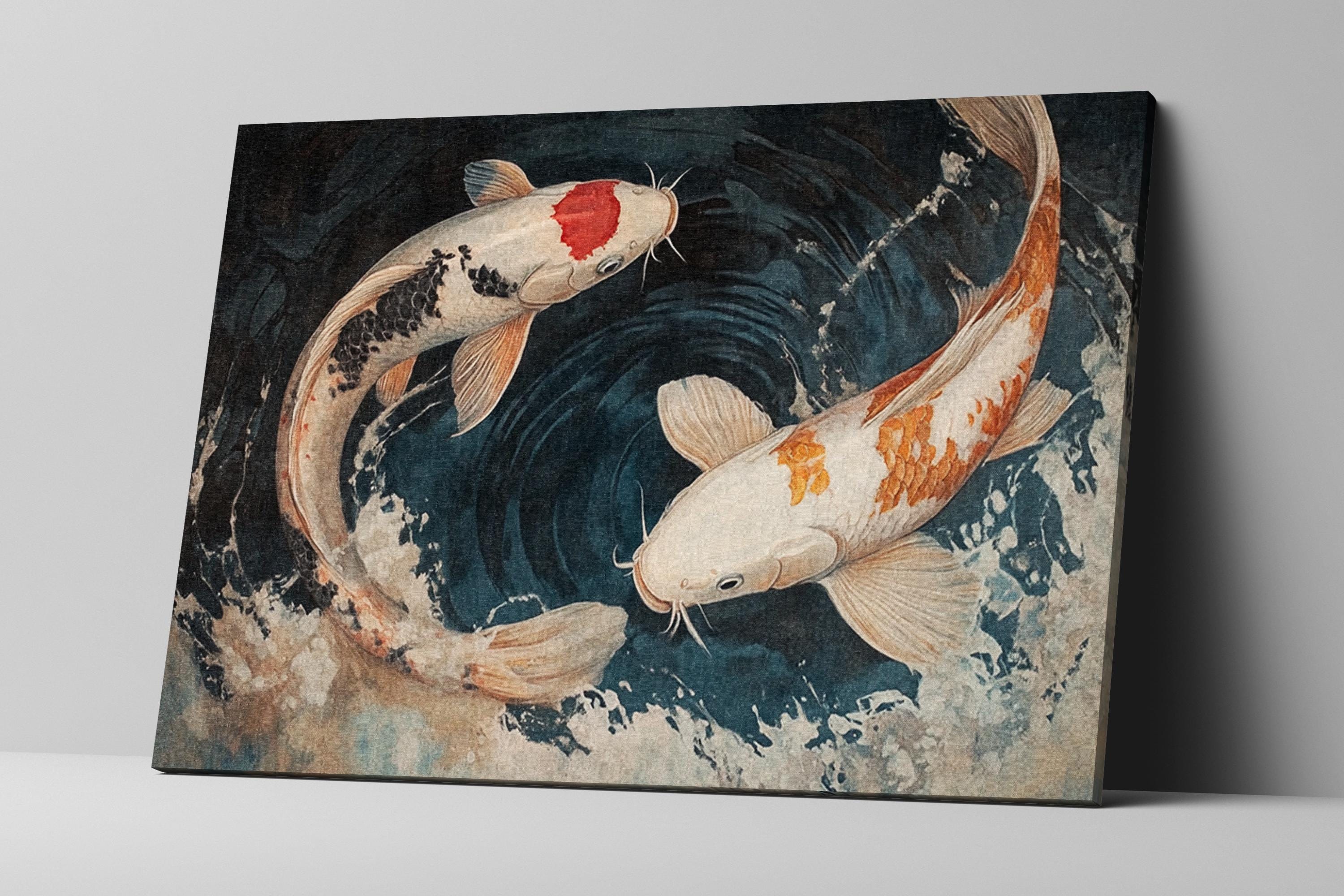 a painting of two koi fish swimming in a pond