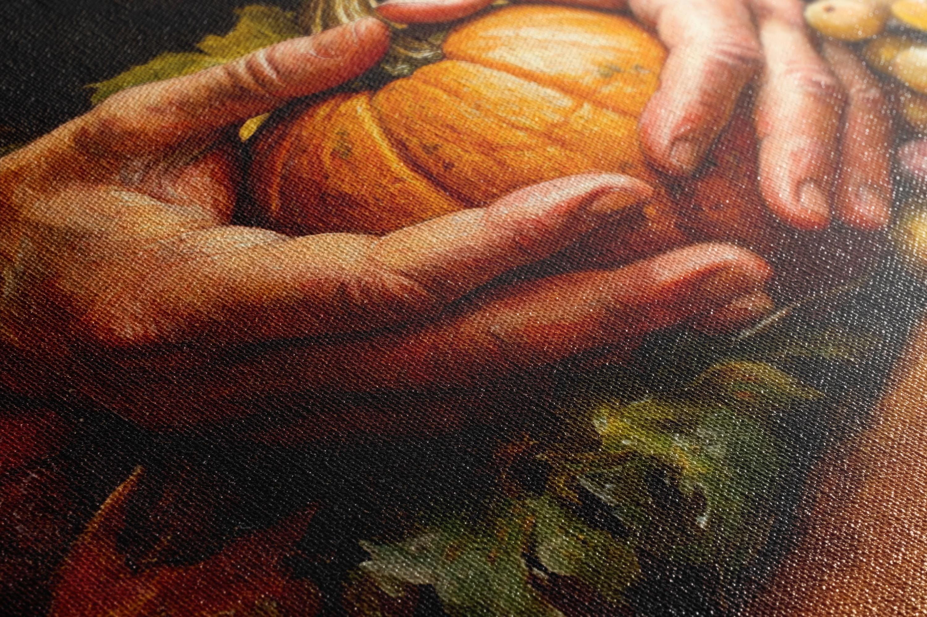 A close-up of a person's hands holding a small orange pumpkin, with green leaves visible in the background.