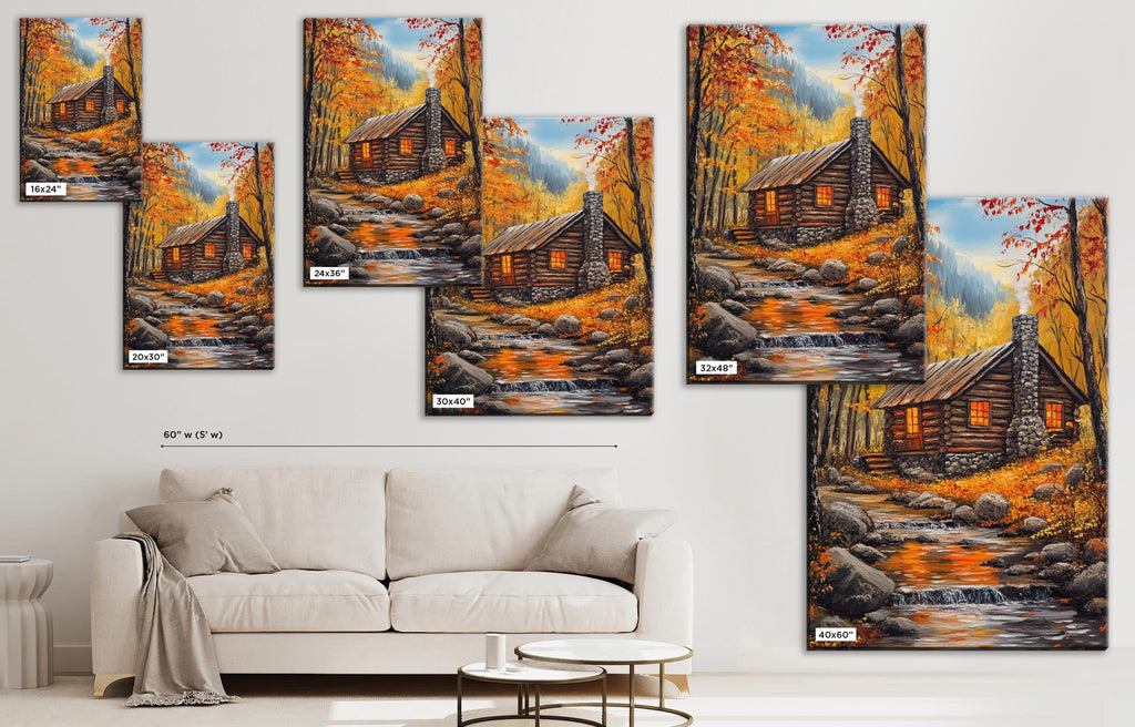 The image is a collage of multiple paintings depicting a cabin in a forest setting, with a stream running through it. The paintings are arranged on a wall, and there is a white couch in the foreground.
