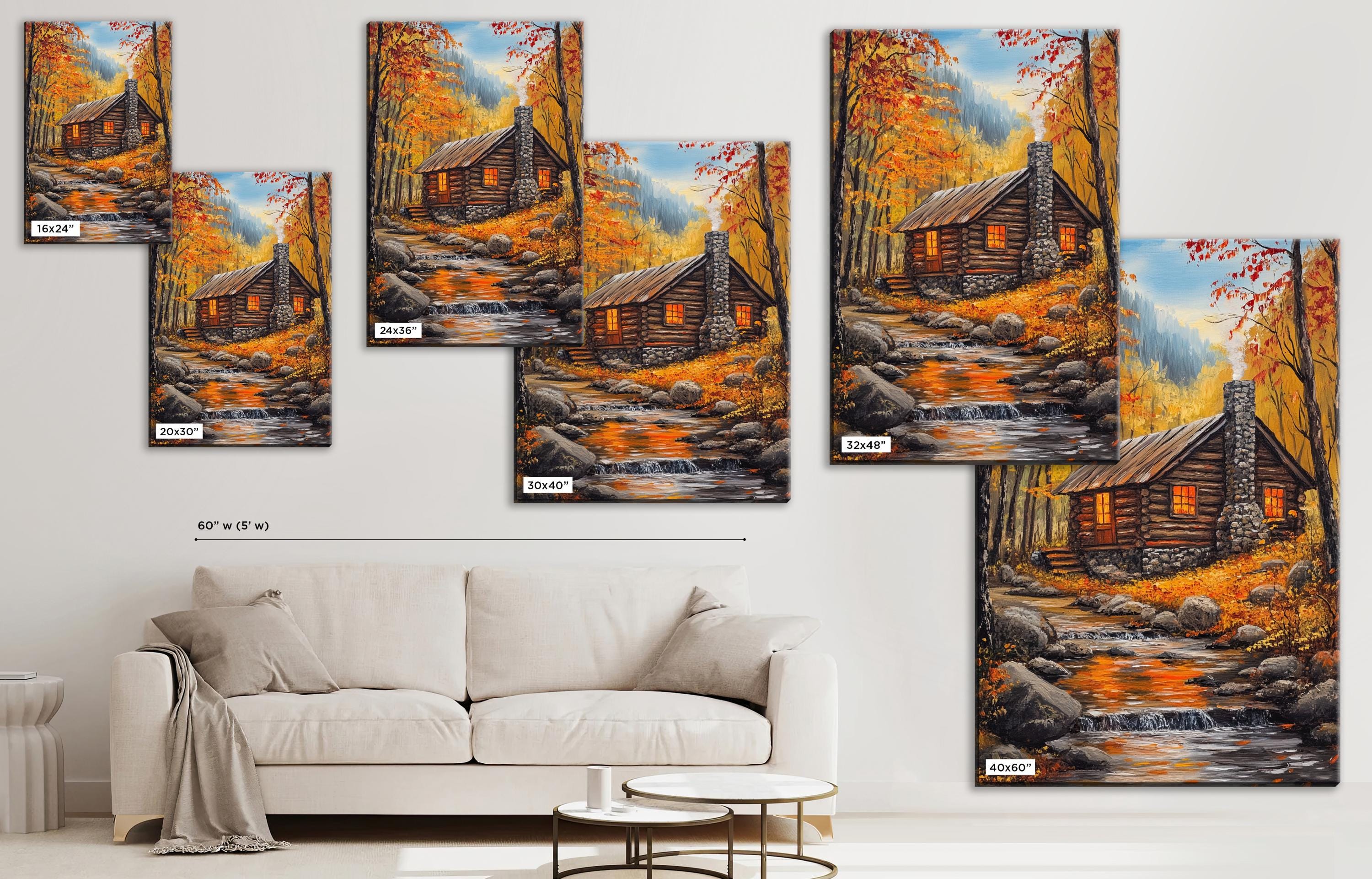 The image is a collage of multiple paintings depicting a cabin in a forest setting, with a stream running through it. The paintings are arranged on a wall, and there is a white couch in the foreground.