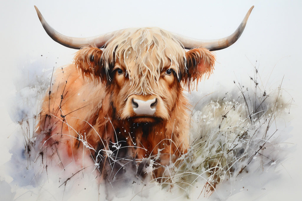 Watercolor Highland Cow Wall Art Print, Giclee Print on Canvas, Artist Paper, Watercolor Paper, Available in Extra Large Sizes
