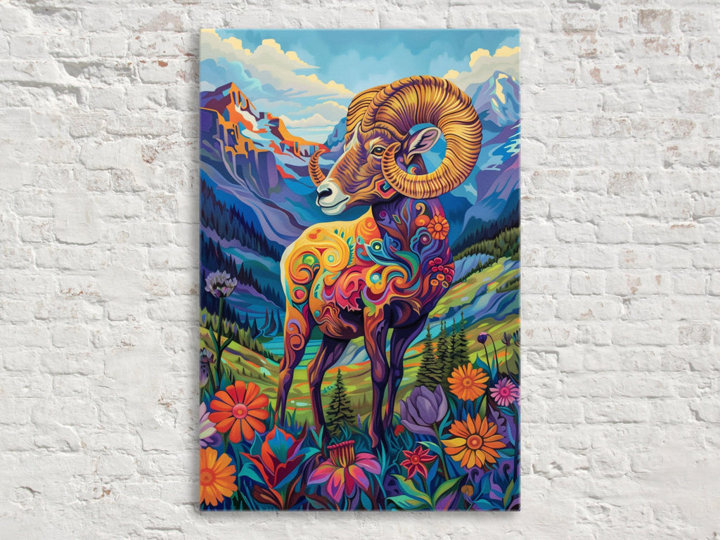 Bighorn Sheep Canvas – Vibrant Wildlife Painting on Gallery Wrapped Large Canvas Print