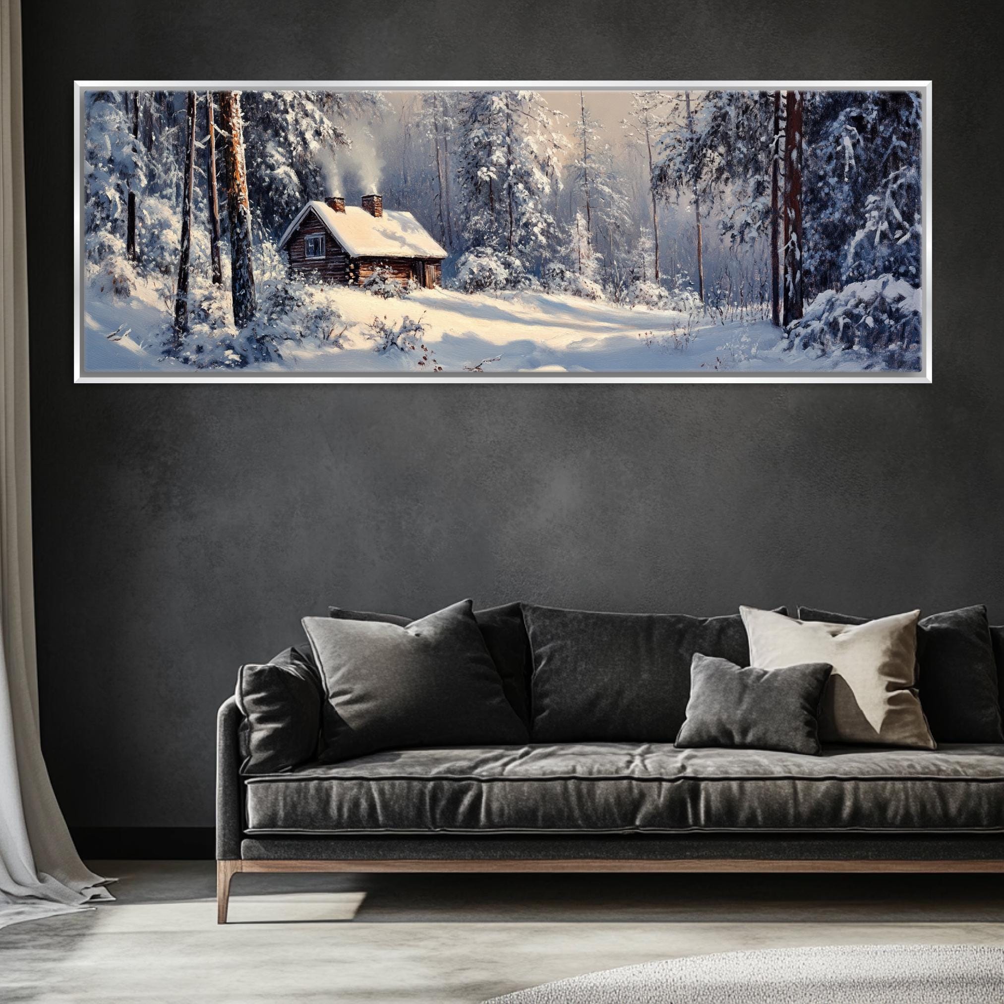 a living room with a couch and a painting on the wall