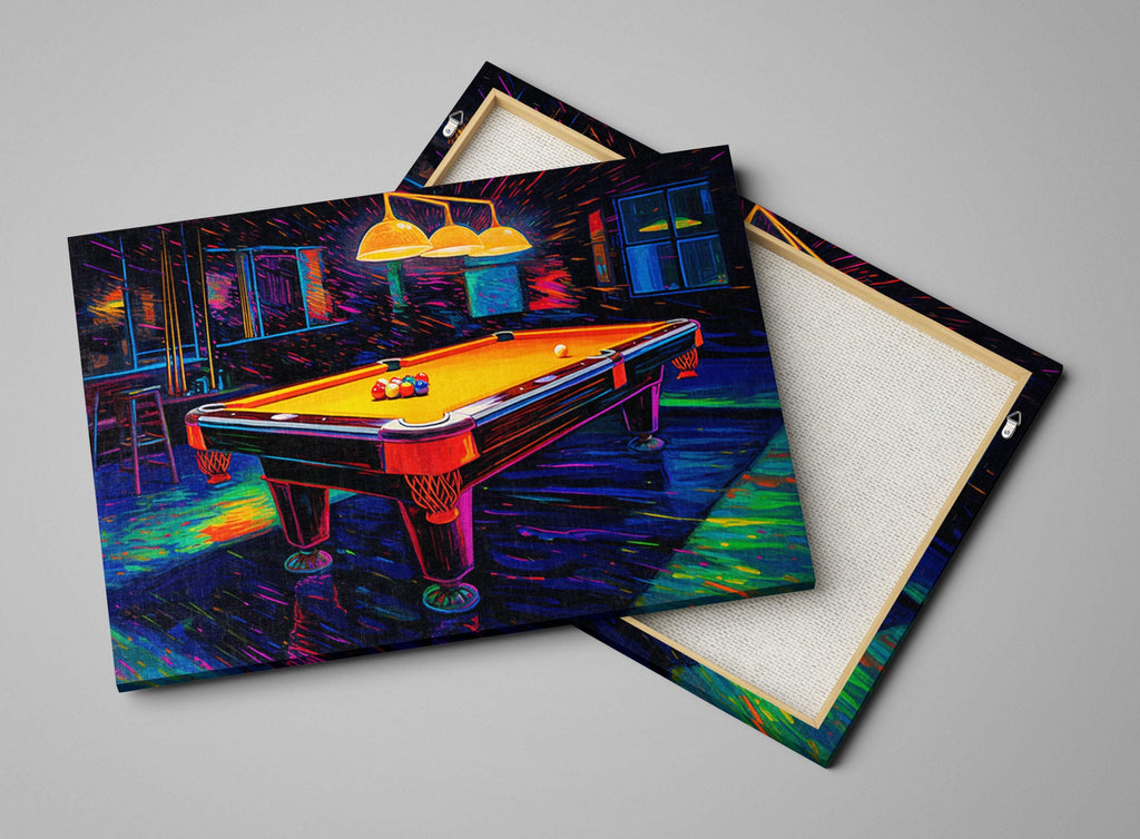 Neon Synthwave Pool Art – Vintage Billiards Table Print | Ready to Hang Canvas