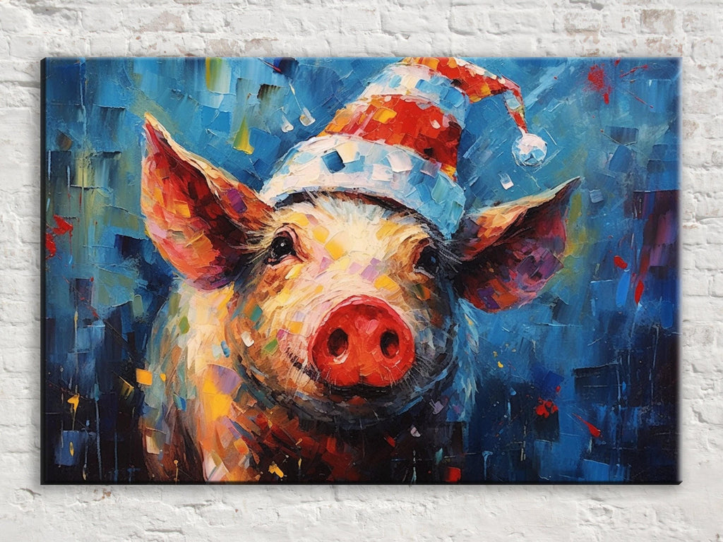 Santa Pig Painting - Whimsical Christmas Canvas Art | Extra Large Gallery Wrapped Print