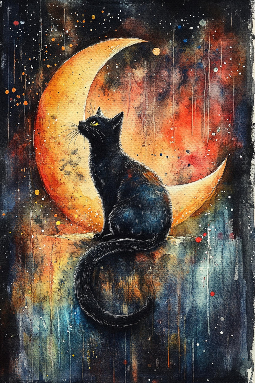 A black cat sits on a ledge, gazing up at a crescent moon against a starry night sky.