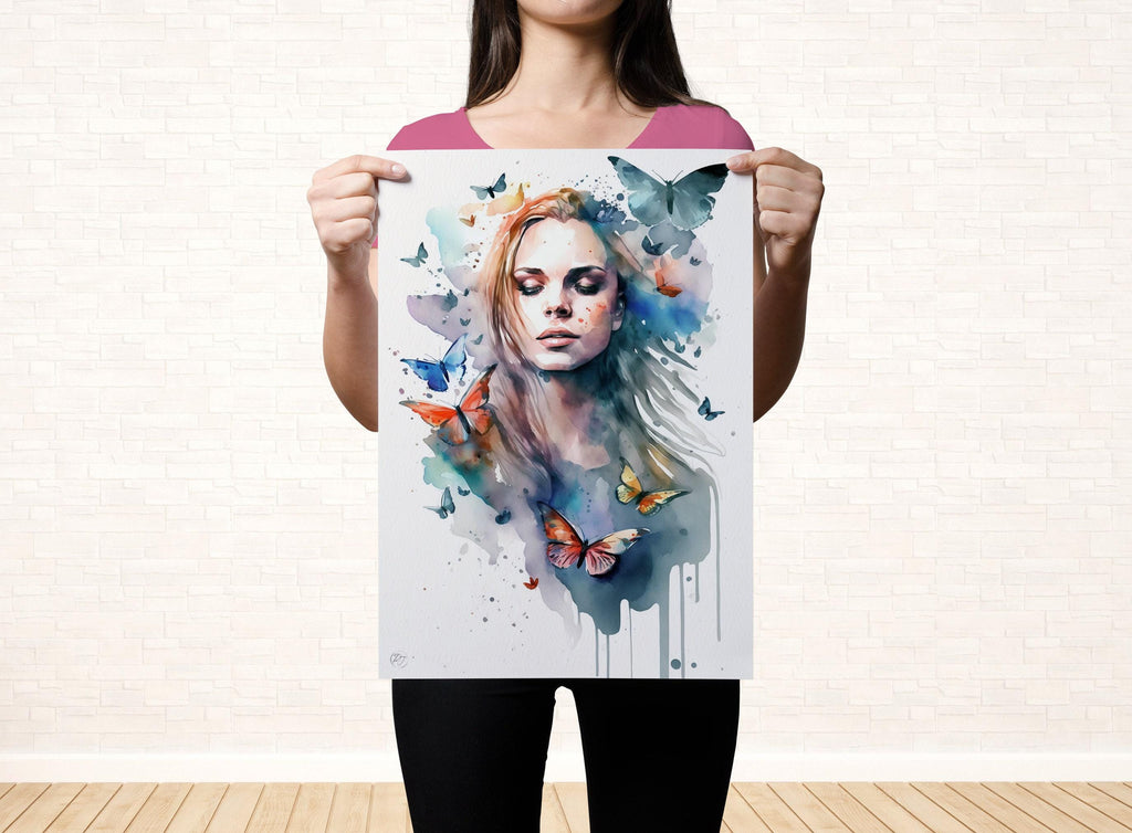 Dreamlike Elegance: Woman with Butterflies Watercolor Painting, Giclee Canvas, Artist and Watercolor Paper, Available in Extra Large Sizes