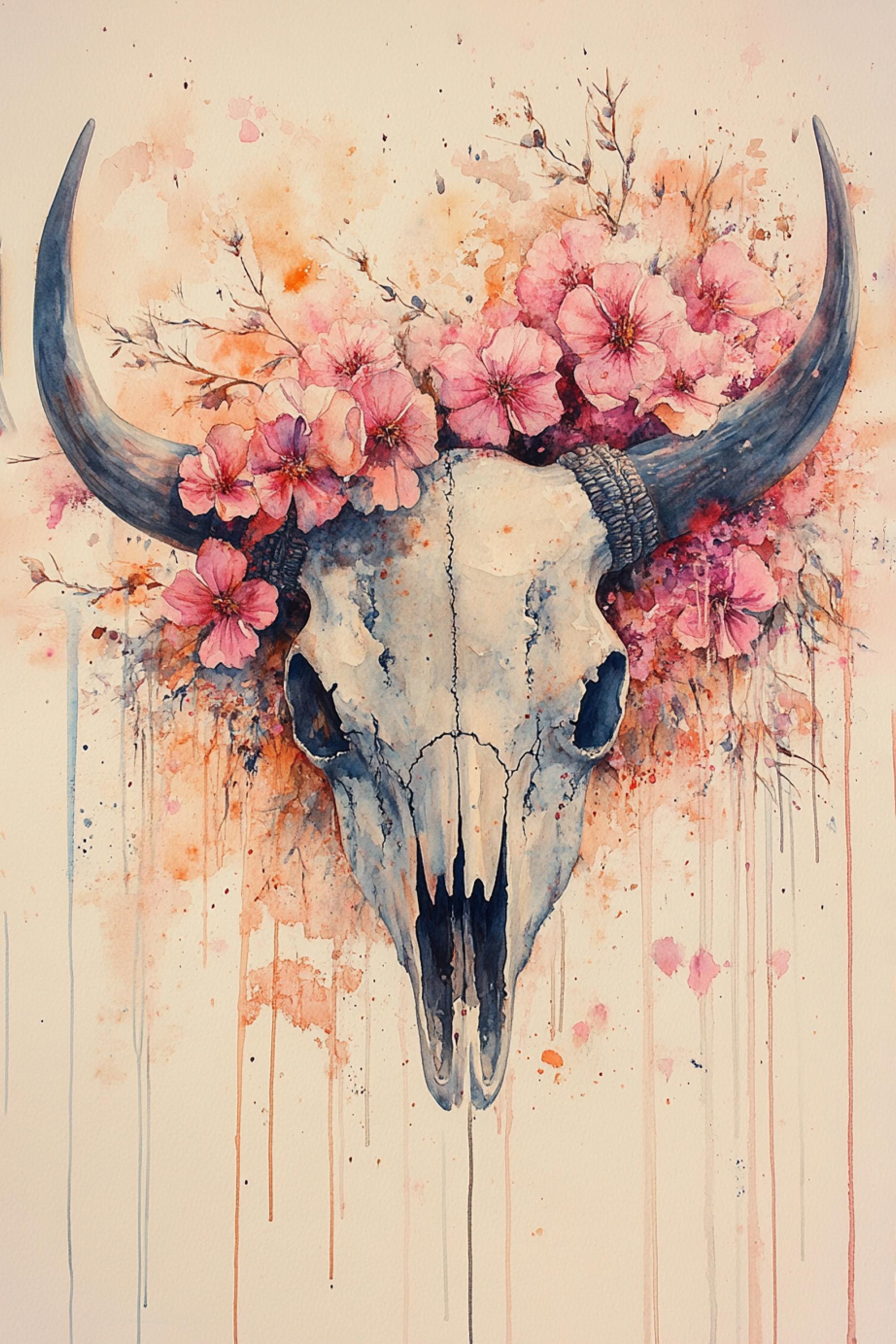 a skull adorned with pink flowers and leaves, creating a striking and visually appealing composition.
