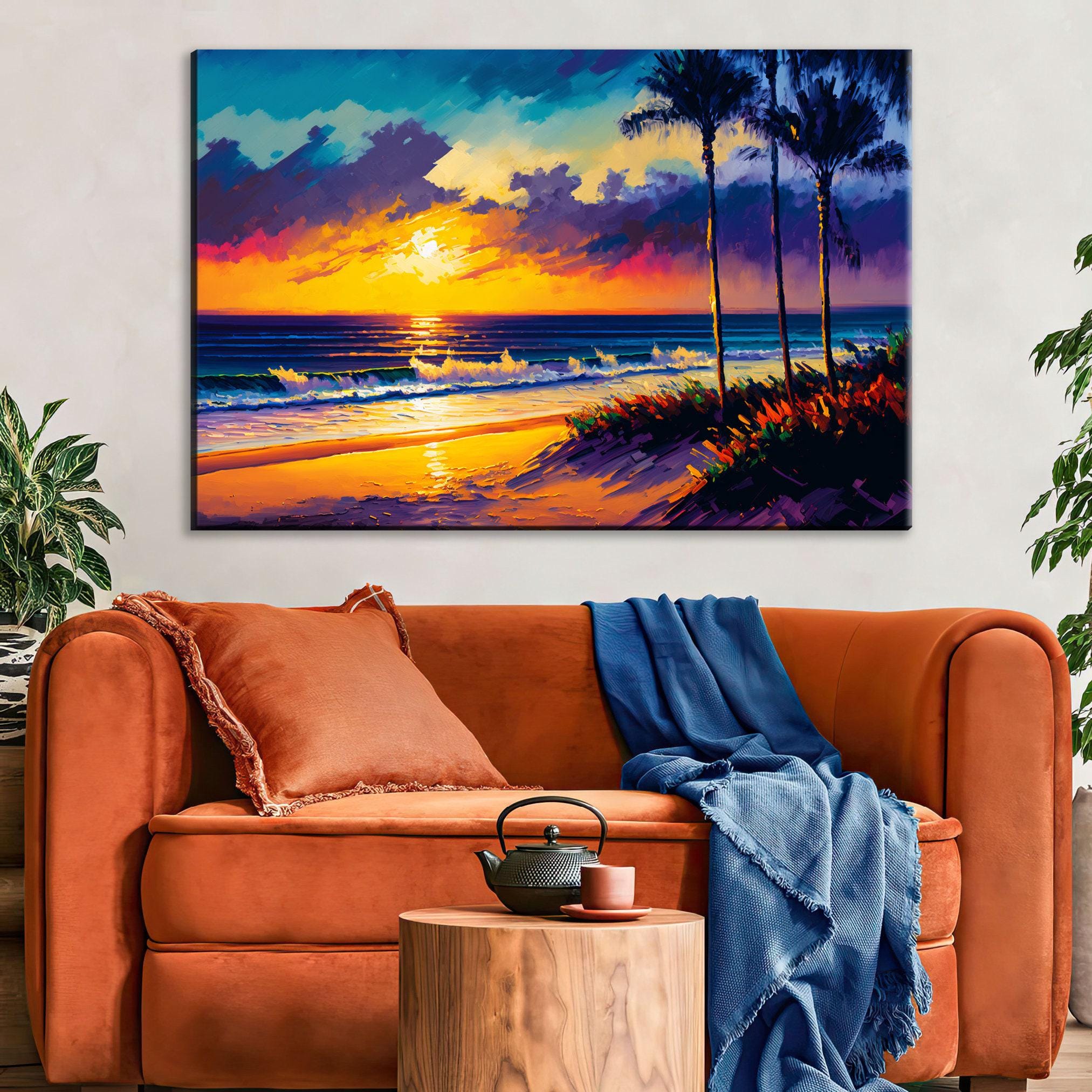 Coastal Beach Canvas - Large Canvas Art With Vibrant Ocean Sunset Painting