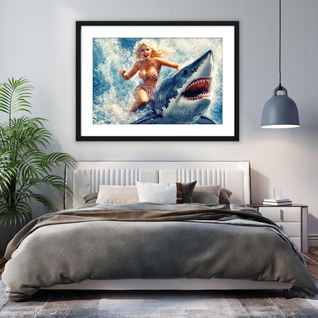 a picture of a woman riding a shark on a bed