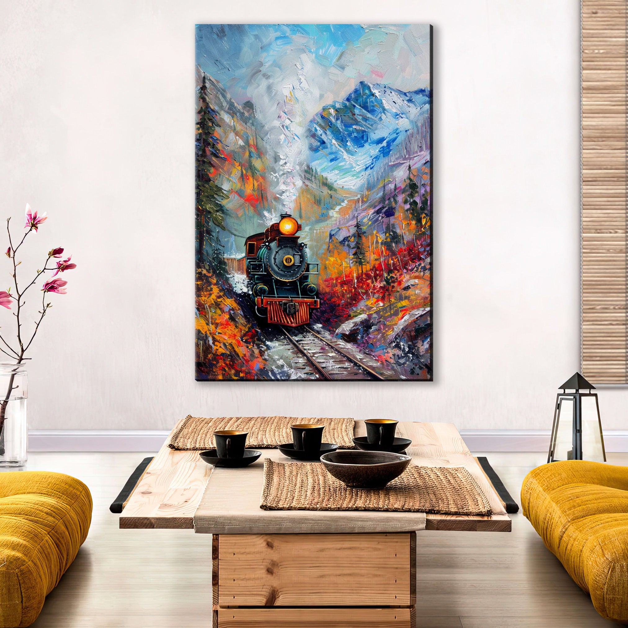 Train Station Canvas - Vintage Train Art | Fall Mountain Painting on Gallery Wrapped Canvas