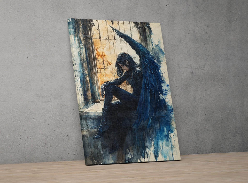 The image is a painting depicting a woman with long hair and a black outfit, sitting in a window with her arms outstretched.