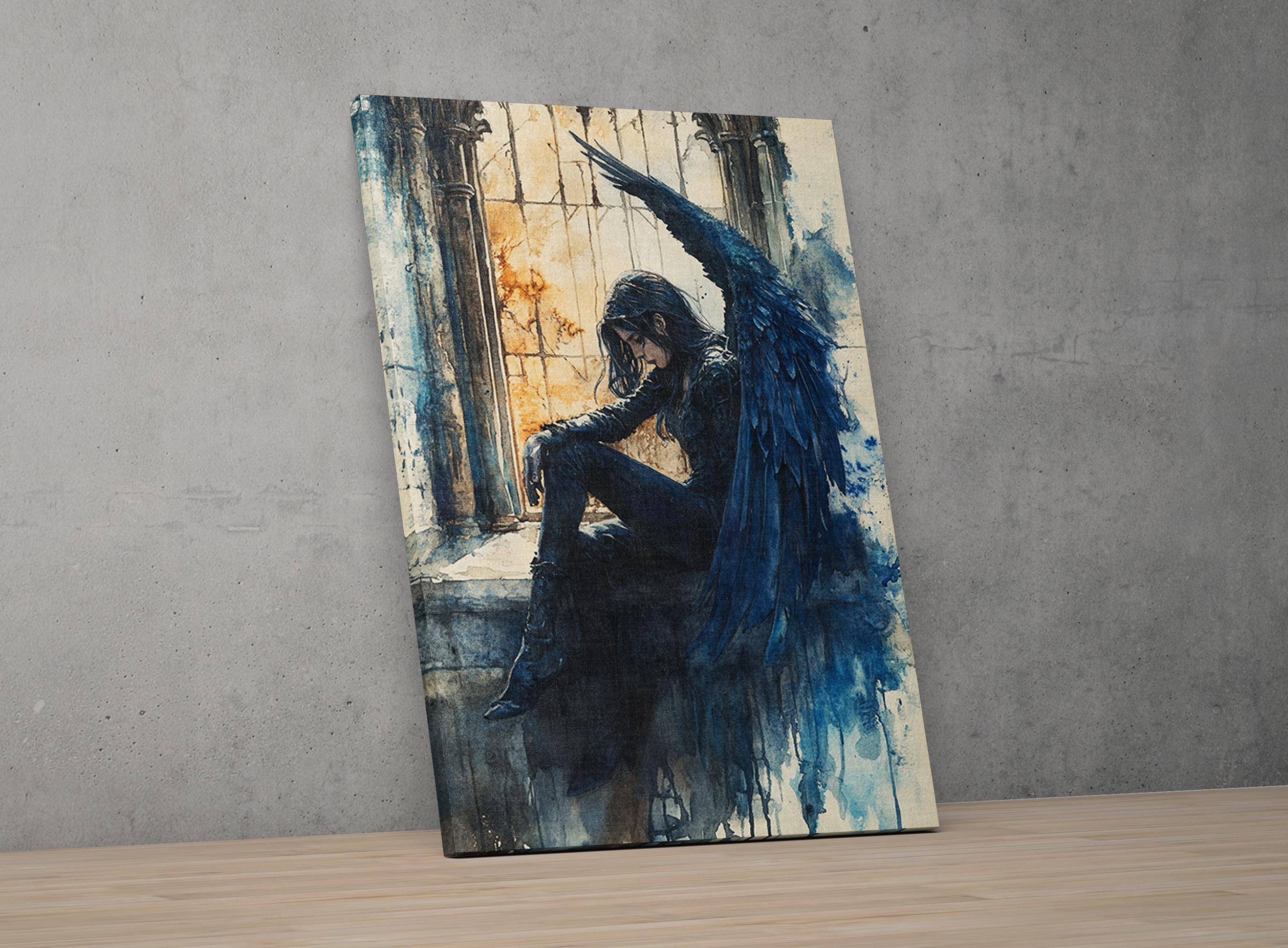 The image is a painting depicting a woman with long hair and a black outfit, sitting in a window with her arms outstretched.