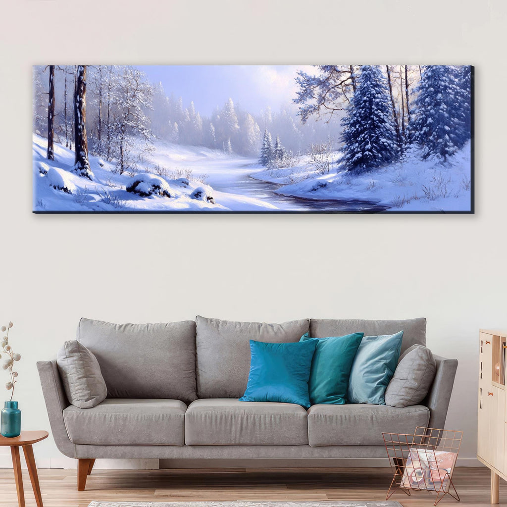a living room with a couch and a painting on the wall