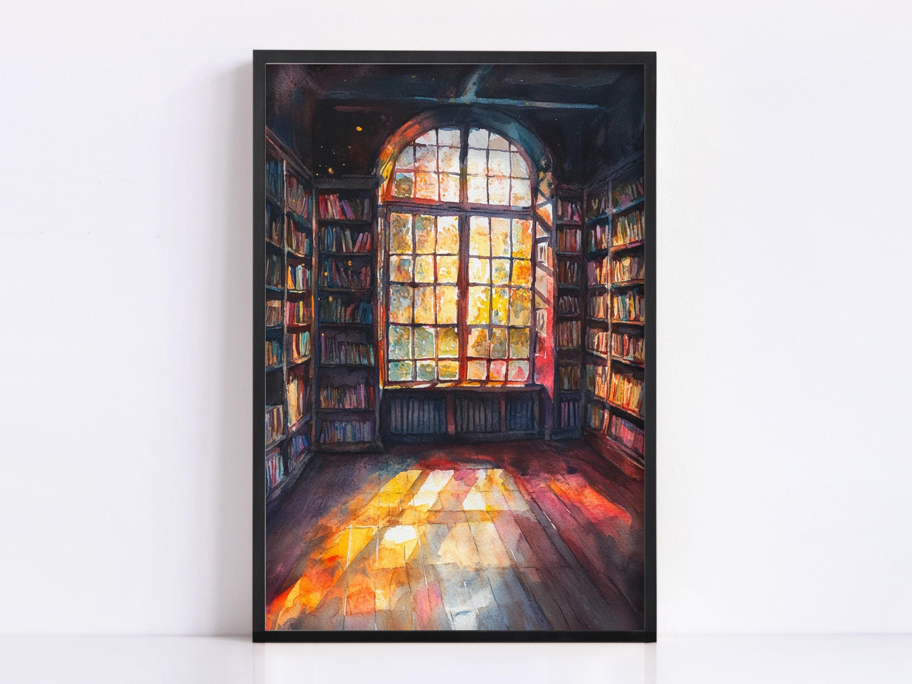 a large, arched window with a stained glass panel, allowing sunlight to stream in and illuminate the room filled with bookshelves.