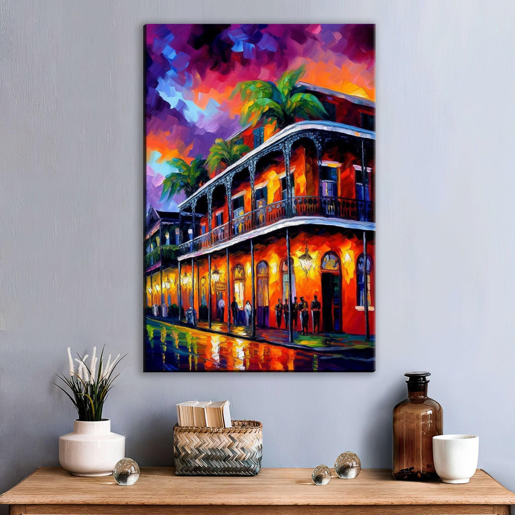 New Orleans Canvas Art - Vibrant Bourbon Street Painting on Real Wood Frame