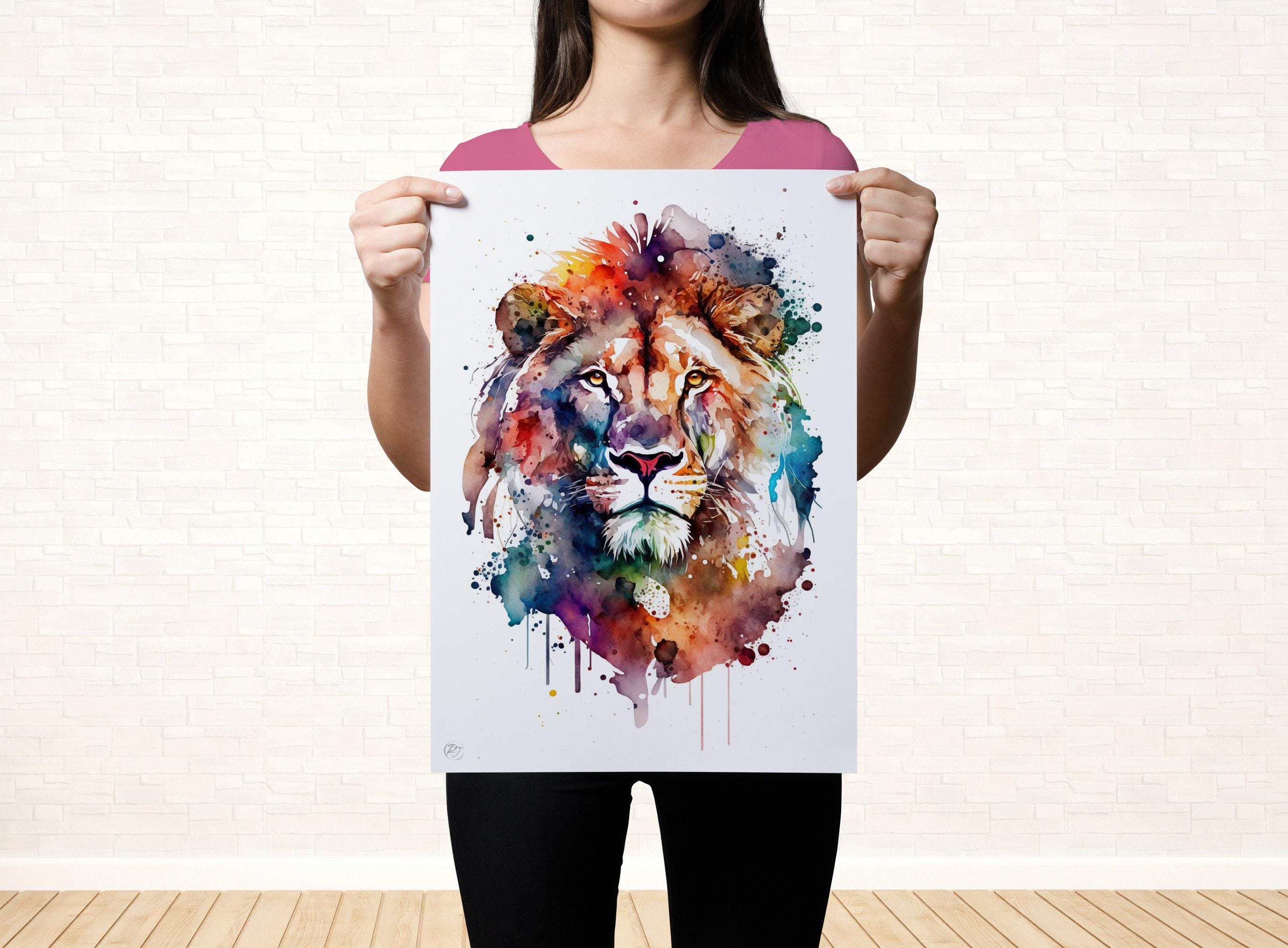 Wildlife Majesty: Lion Watercolor Painting, Giclee Print on Canvas, Artist Paper, Watercolor Paper, Available in Extra Large Sizes