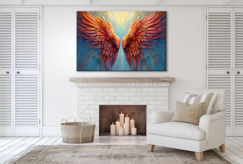a large, colorful painting of vibrant wings hanging above a white fireplace in a cozy living room setting.