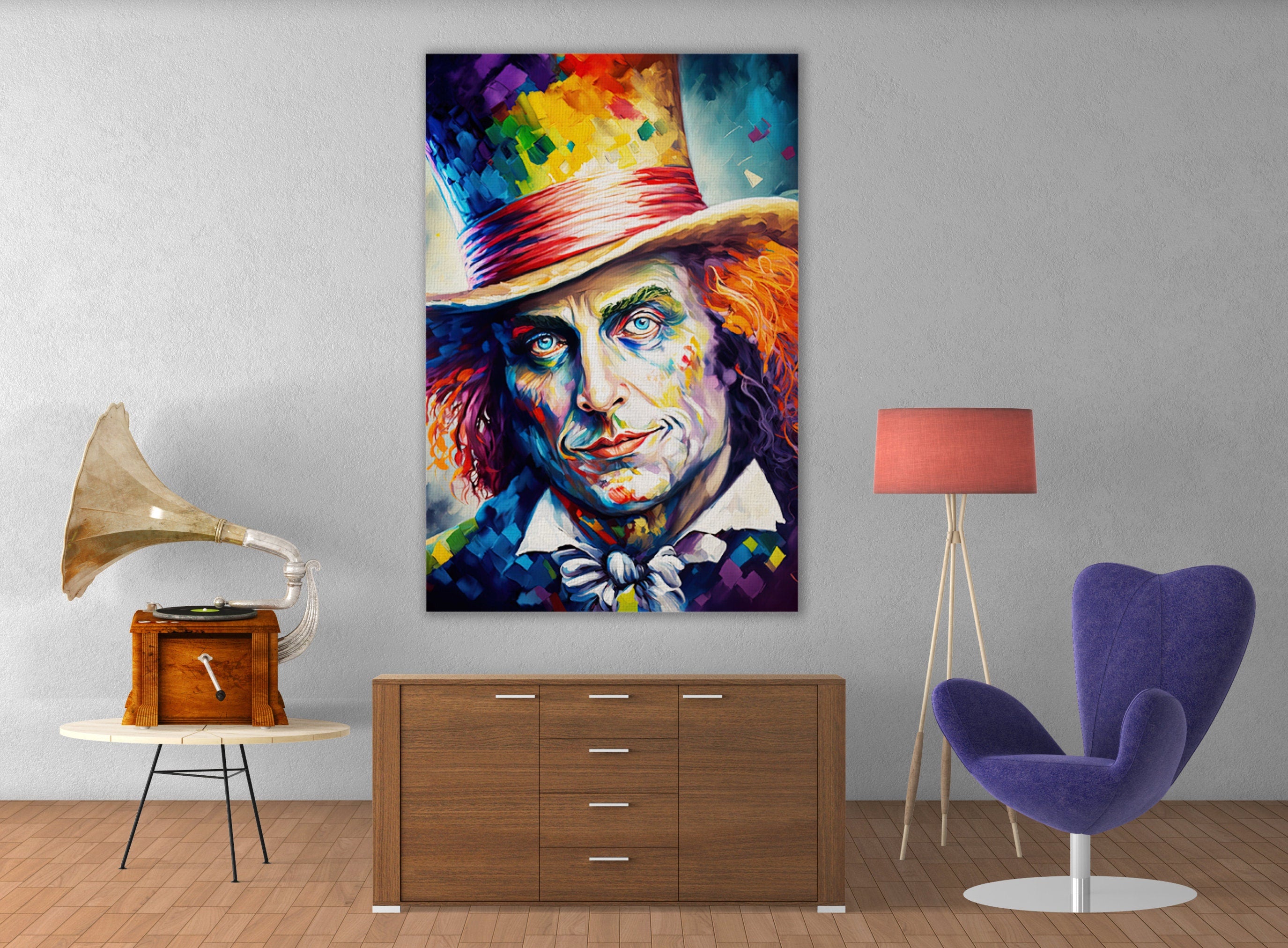 Mad Hatter Wall Art – Wonderland Canvas | Vibrant Fantasy Art Print on Wooden Frame